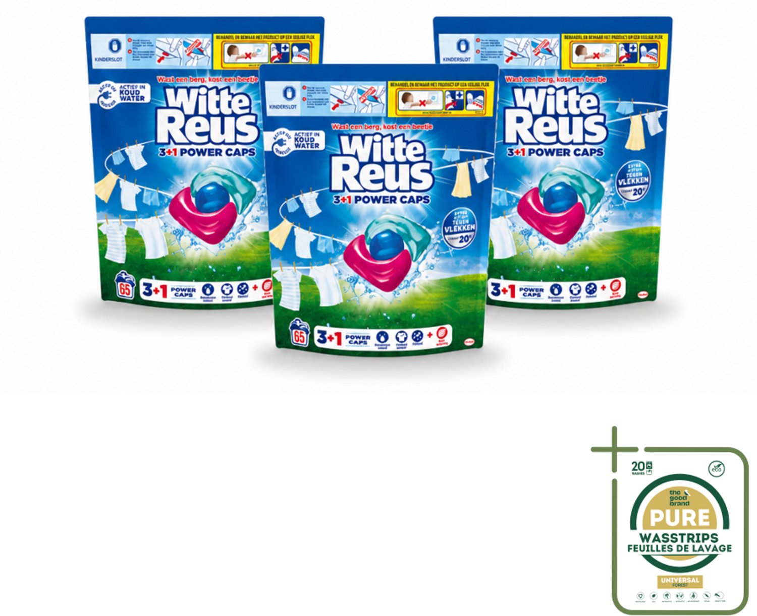 3 x Witte Reus - 3+1 Power Caps - Witte Was - 65 Wasbeurten - Wasstrips - Wasmiddel - Witte Reus - Power Caps - Wasresultaat - Vlekverwijdering