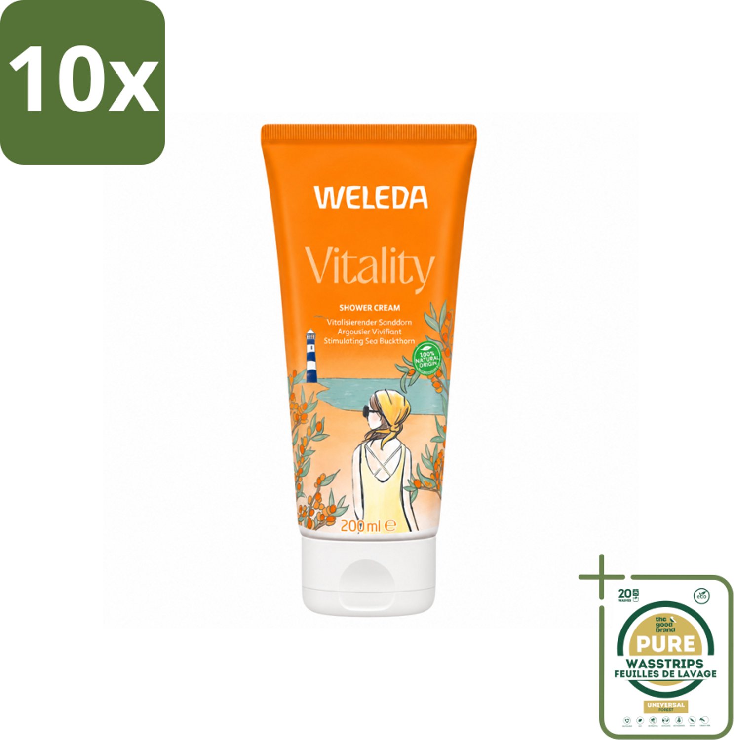 10 x WELEDA - Douchecrème Duindoorn Vitality - 200 ml - Wasstrips - Douchecrème - Duindoorn - Natuurlijke Douchecrème - Vitaliteit - Huidverzorging