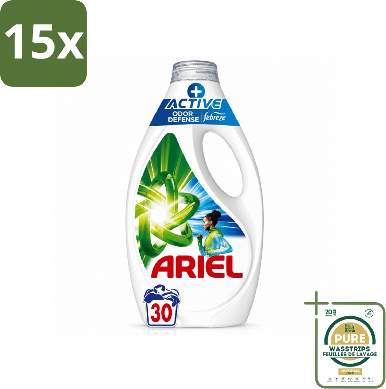 15 x Ariel - Vloeibaar Wasmiddel - +Actieve Odor Defense - 30 Wasbeurten - 1,35 liter - Wasstrips - Vloeibaar Wasmiddel - Geurverwijdering - Zweetgeuren - Wasmiddel Met Febreze - Sportkleding Was