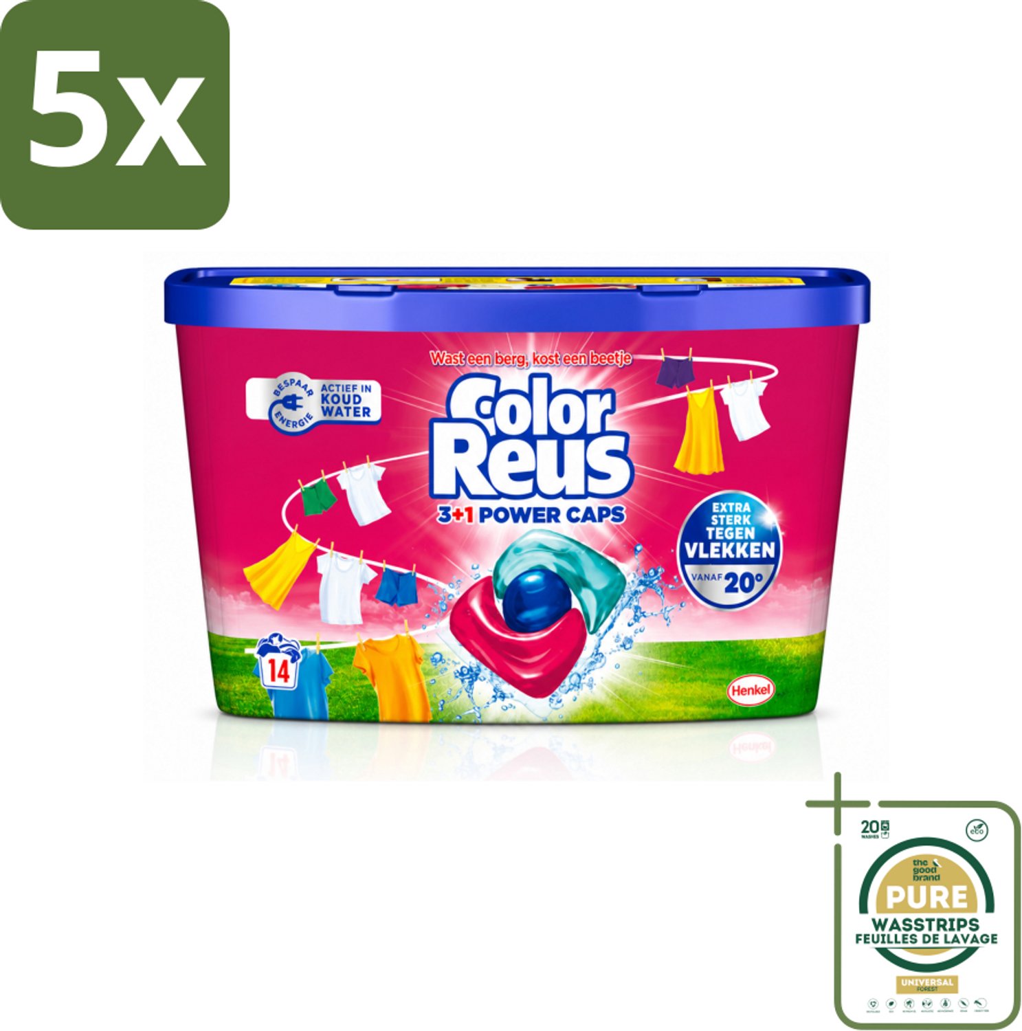 5 x Color Reus - 3+1 Power Caps - Gekleurde Was - 14 Wasbeurten - Wasstrips - Kleurbehoud - Wasmiddel - Wascapsule - Gekleurde Was - Fris Wasgoed