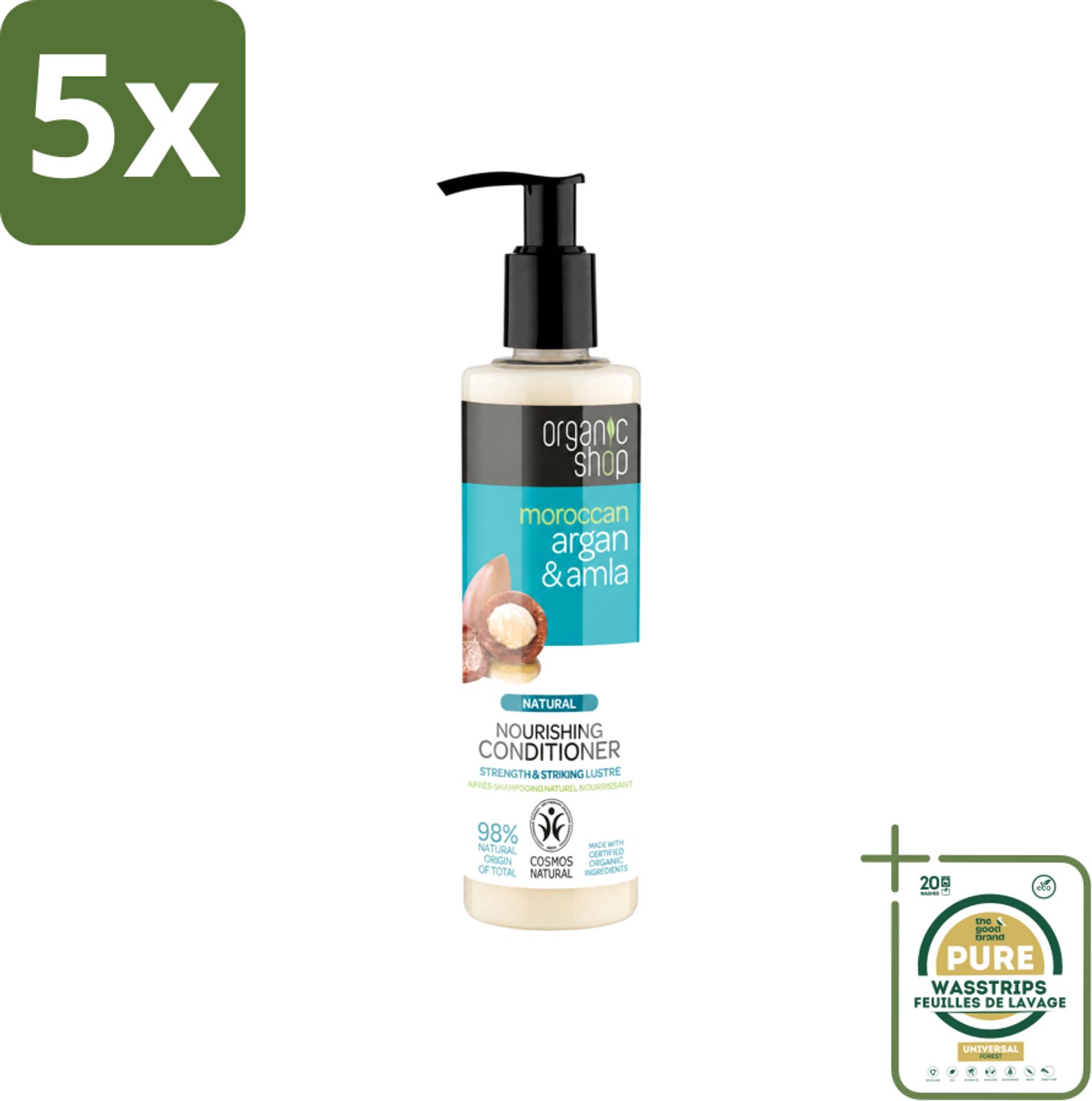 5 x Organic Shop - Conditioner Argan & Amla - Hydraterend en Verzorgend - 280 ml - Wasstrips - Gekleurd Haar Verzorgen - Haarvoeding - Haarbescherming - Glans Haar - Natuurlijke Conditioner