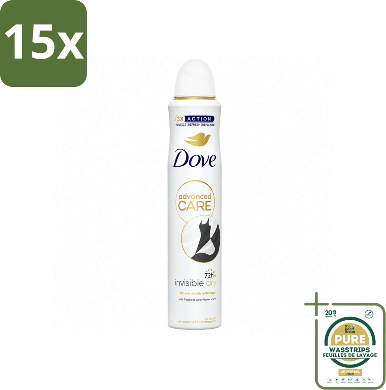 15 x Dove Deodorant Spray - Invisible Dry - 200 ml - Wasstrips - Deodorant Spray - Onzichtbare Bescherming - Anti-Sweat - Geur - Okselbescherming