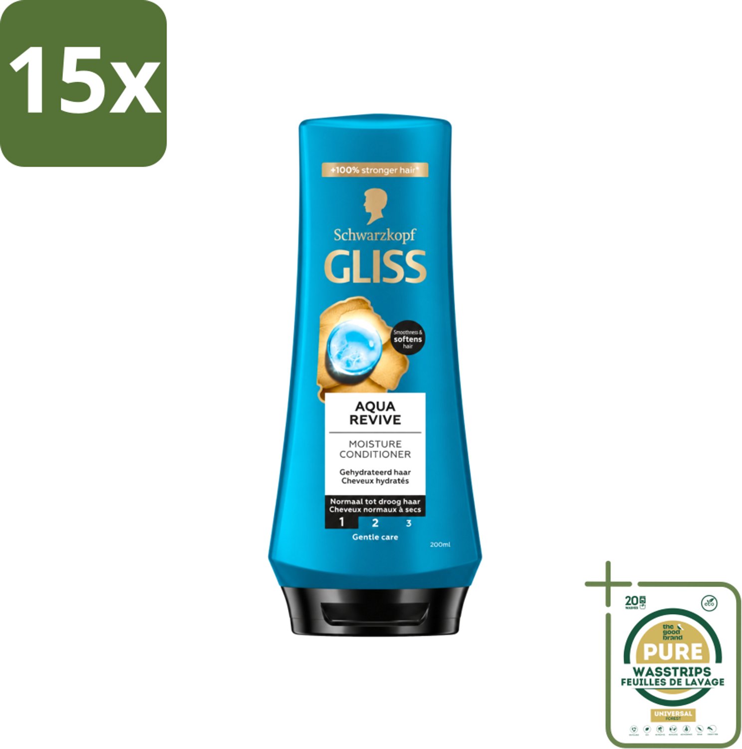 15 x Gliss - Hair Repair - Conditioner Aqua Revive voor Hydraterend en Fris Haar - 200 ml - Wasstrips - Haarverzorging - Hydraterend Haar - Droog Haar - Haarverzorging Crèmespoeling - Aquaporine Complex