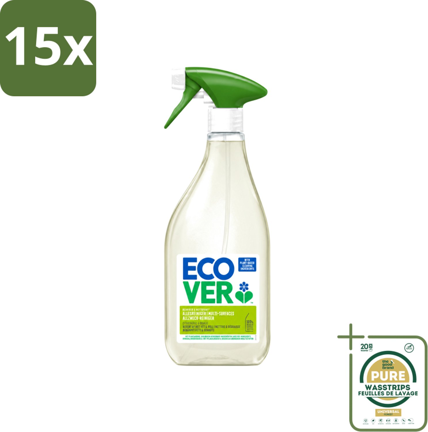 15 x Ecover - Allesreiniger Spray - Citroengras & Sinaasappel - 500 ml - Wasstrips - Allesreiniger - Citroengras - Sinaasappel - Schoonmaken - Geur