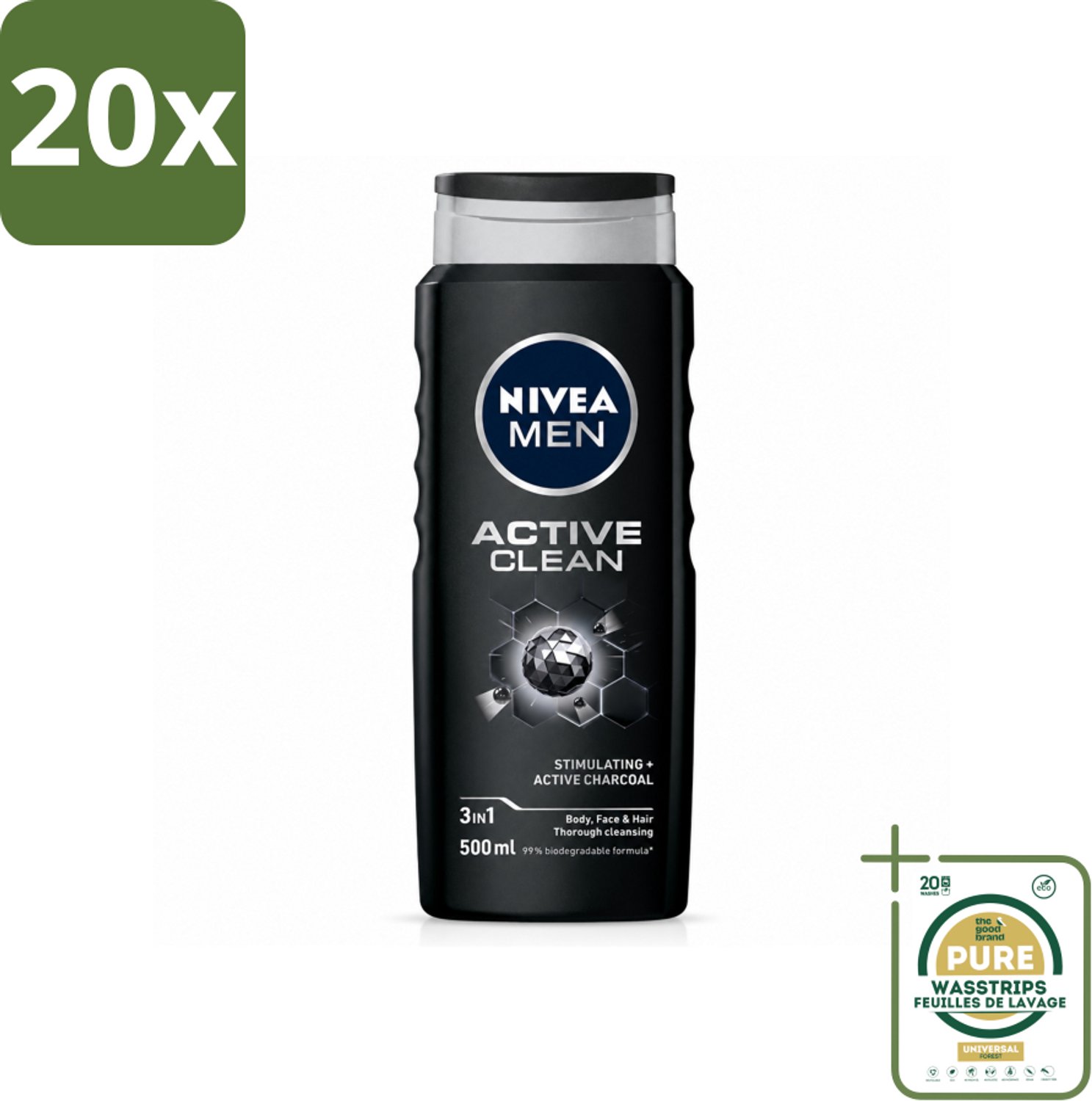 20 x NIVEA MEN - Douchegel - Active Clean - 500 ml - Wasstrips - Douchegel Mannen - Actief Houtskool - Reiniging Lichaam - Reiniging Gezicht - Reiniging Haar