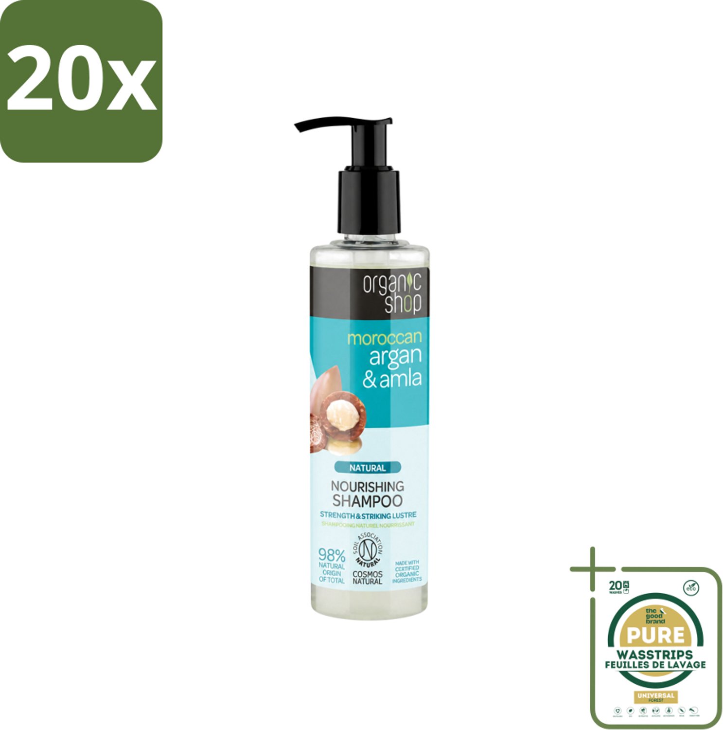 20 x Organic Shop - Natural Nourishing Shampoo - Argan Hair & Amla - Herstellend en Voedend - 280 ml - Wasstrips - Argan Haar Shampoo - Natuurlijke Haar Shampoo - Herstellende Haar Shampoo - Voedend Haar Shampoo - Beschadigd Haar Herstellen