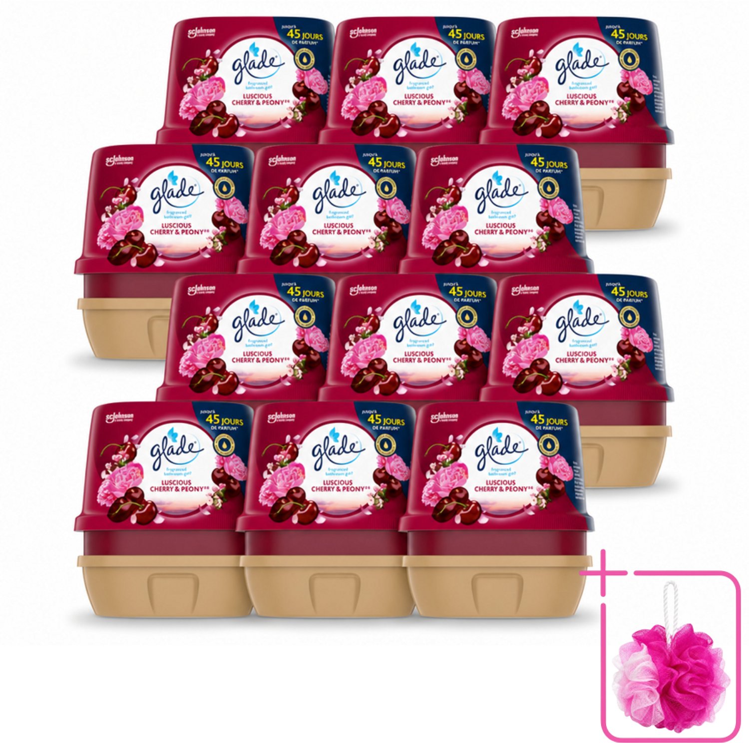 12 x Glade - Badkamer Gel - Luscious Kers & Pioenroos - 180 g - Bulkverpakking - Geur gel badkamer - Douchemop - Bloemige geur