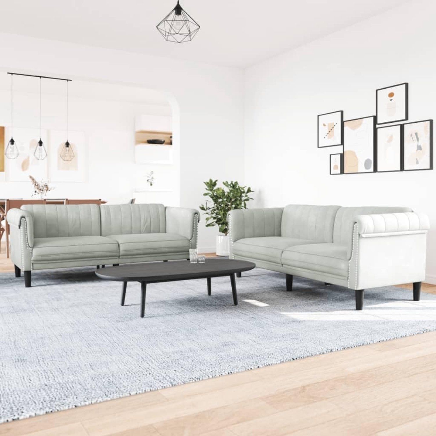 2-delige bankstel, lichtgrijs fluweel, zachte veloursstof, comfortabele bekleding, stabiele steunpoten, modern design voor woonkamer