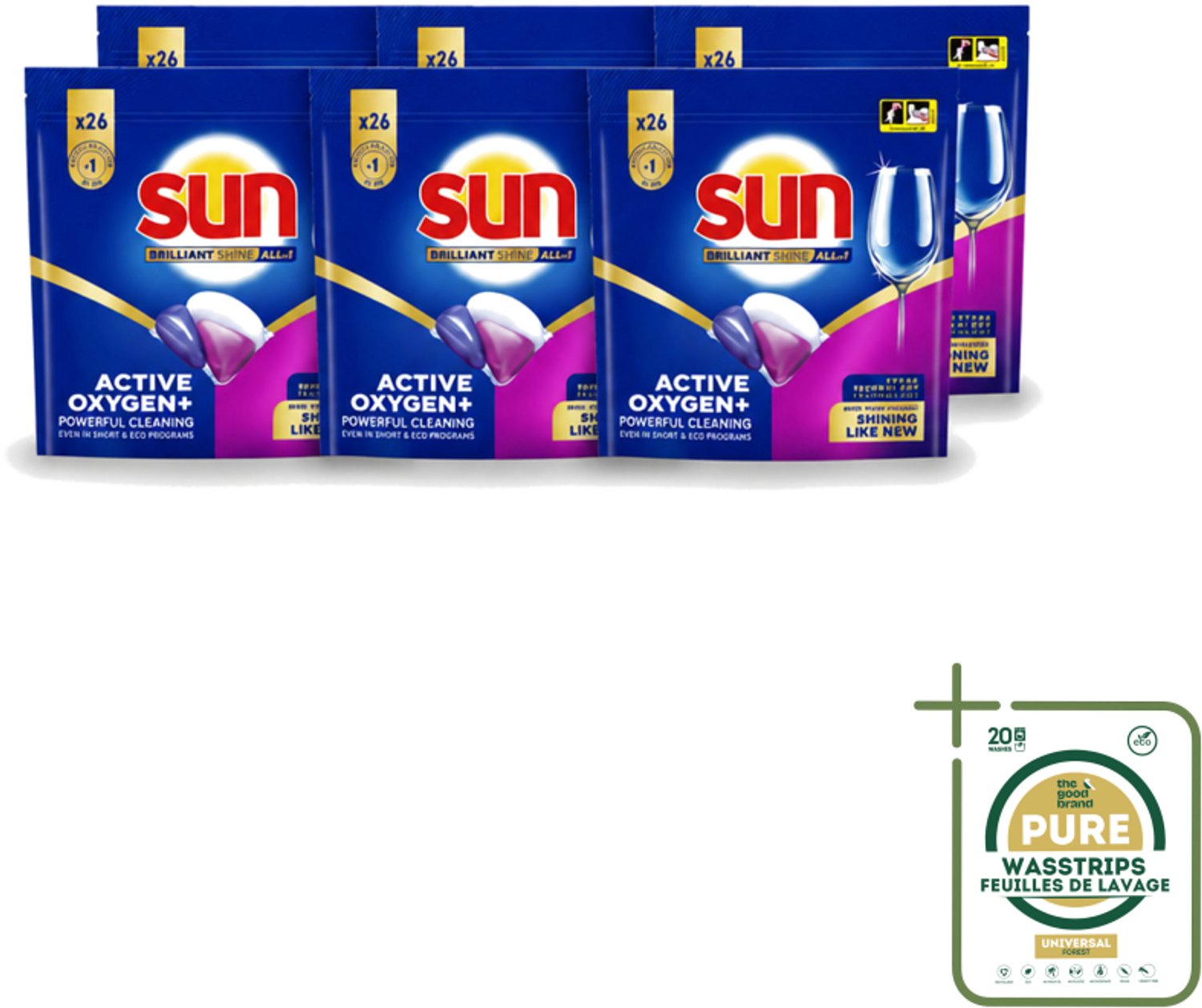 6 x Sun - Vaatwascapsules - Brilliant Shine All-in-1 - 26 capsules - Wasstrips - Vaatwasmiddel - Vaatwascapsules - Glans - Reiniging - Anti-kalk