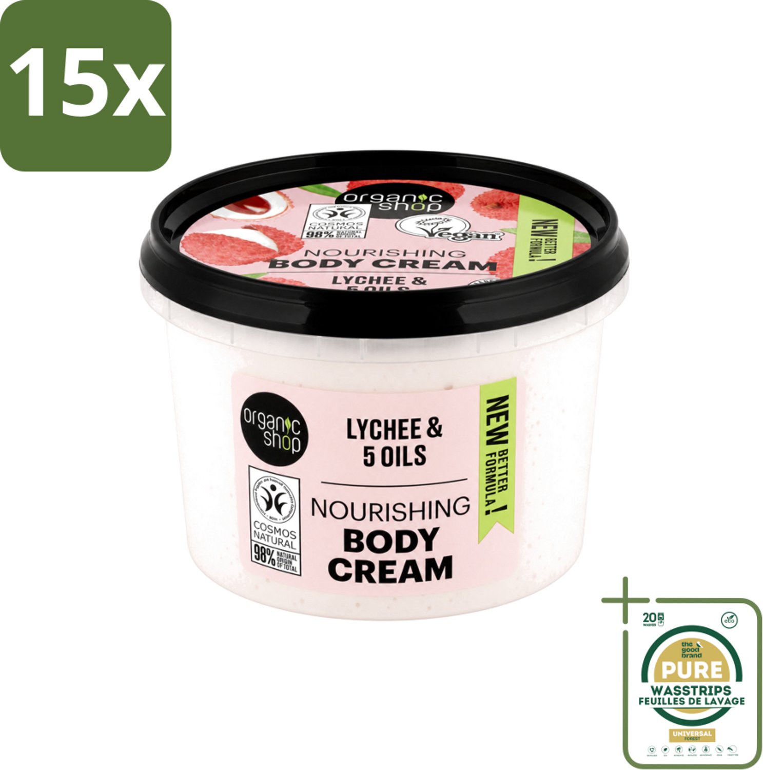 15 x Organic Shop - Nourishing Body Cream Lychee - Hydraterend en Voedend - 250 ml - Wasstrips - Hydraatende Crème - Voedende Crème - Lychee Crème - Natuurlijke Crème - Huidverzorging