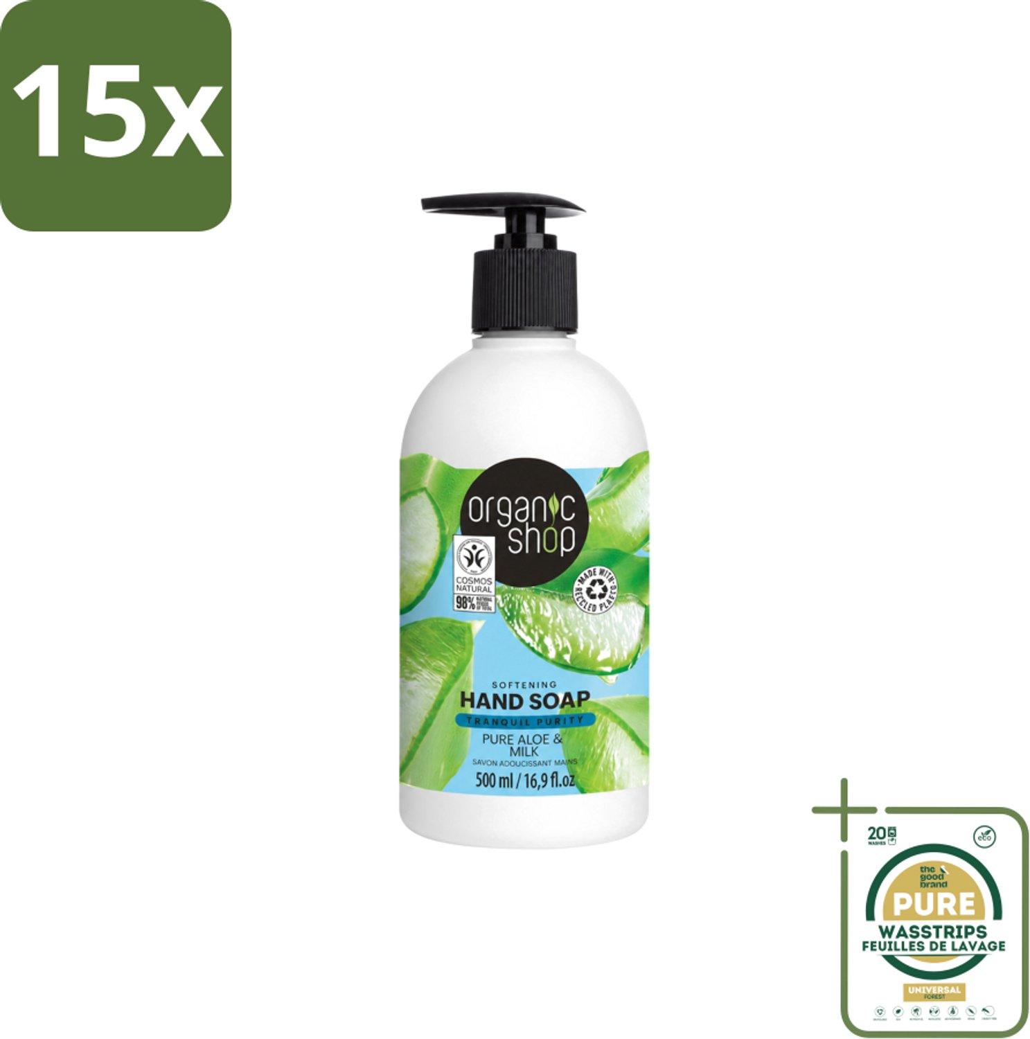 15 x Organic Shop - Handzeep Aloe & Milk - Verzachtend en Hydraterend - 500 ml - Wasstrips - Handzeep - Aloe - Melk - Natuurlijke Handzeep - Handverzorging