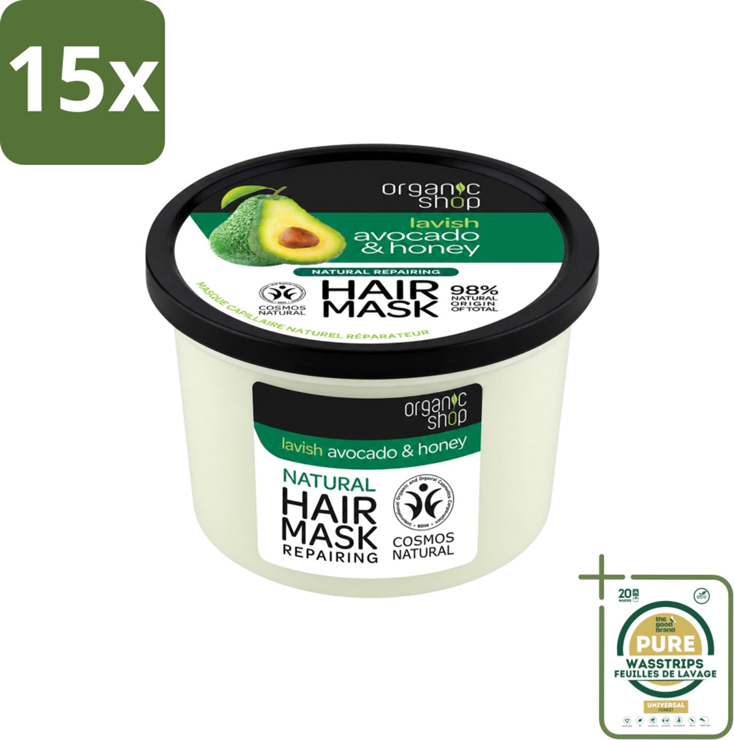 15 x Organic Shop - Haarmasker Avocado & Honey - Hydraterend en Verzachtend - 250 ml - Wasstrips - Haarmasker Avocado En Honing - Natuurlijk Haarmasker - Droog Haar Herstellen - Haar Verzachten - Haar Herstellen