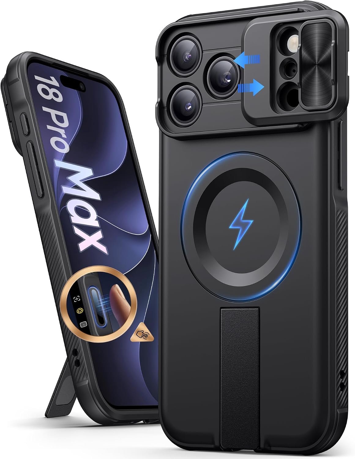 Zandarix Hoesje Geschikt voor Apple iPhone 18 Pro Max - Ingebouwde Standaard - Dubbele Schuifbare Camerabescherming - Camerabedieningsknop - Draadloos Opladen - Back Cover Hoesje - Zwart