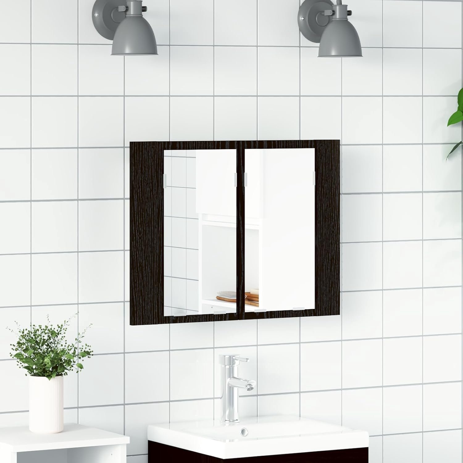 Zwart eiken, 60 x 12 x 45 cm, houtmateriaal met geïntegreerde verlichting en twee planken voor badkameropslag