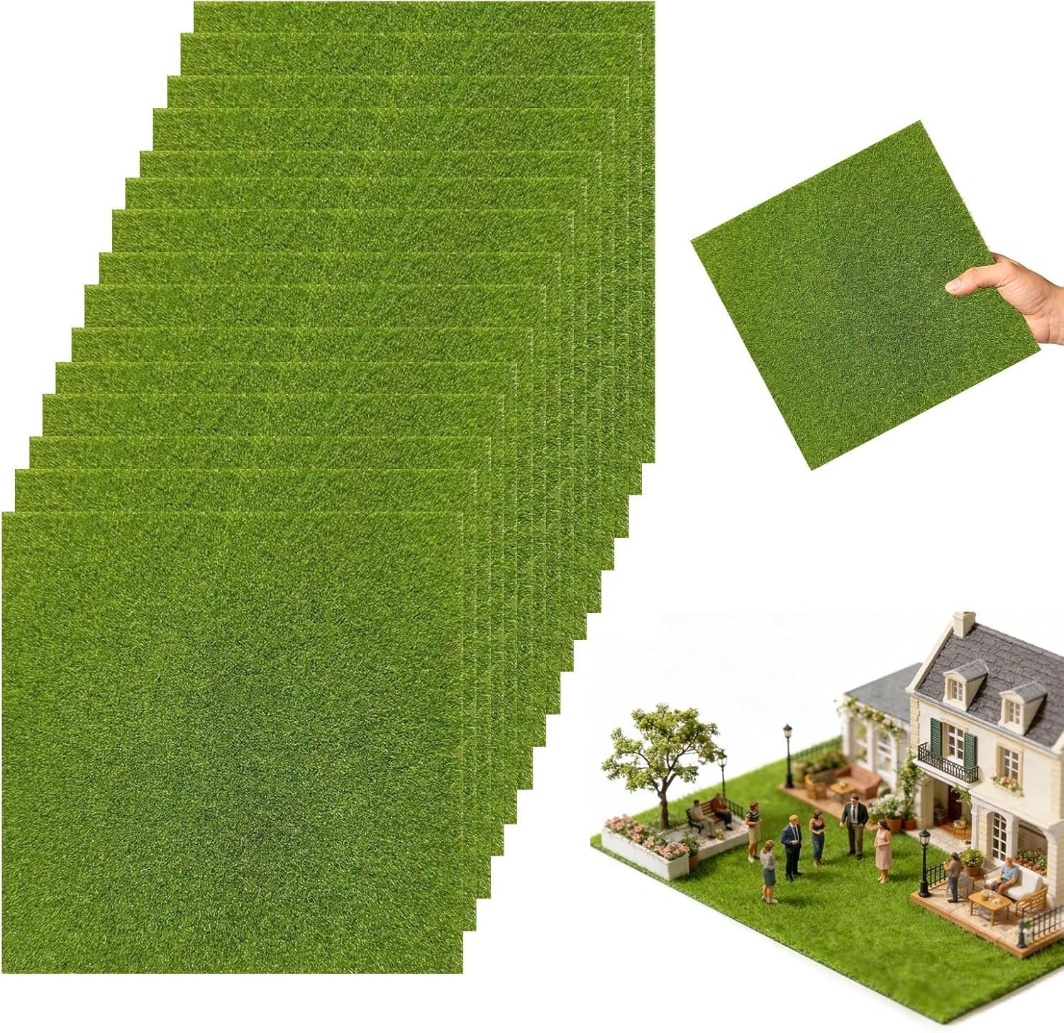 Kunstgrasmatten - 15 stuks, 15 x 15 cm, realistisch kunstgras, duurzaam en gemakkelijk schoon te maken, ideaal voor miniatuurlandschapsarchitectuur, poppenhuizen, terraria en doe-het-zelfprojecten