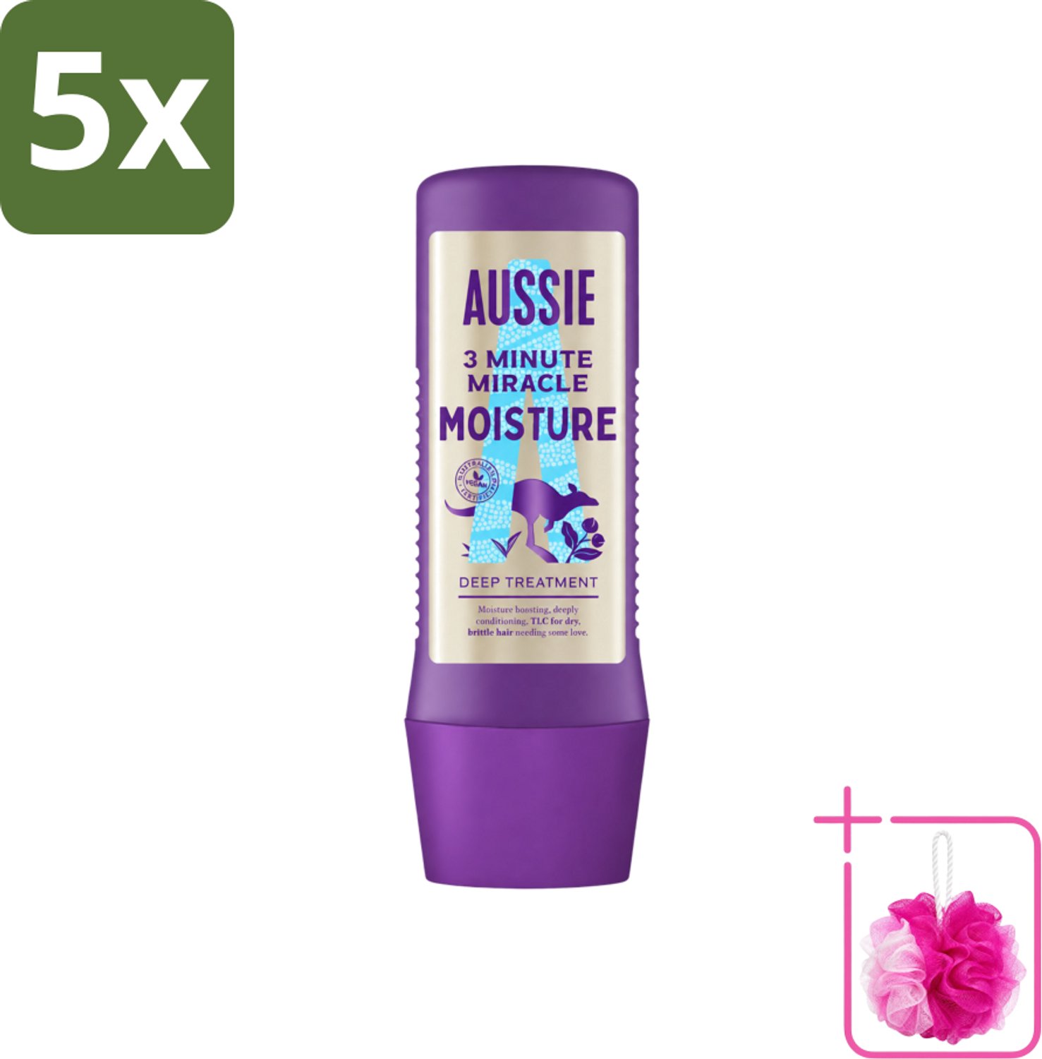5 x Aussie - Haarmasker - 3 Minute Miracle Moisture - Intensief - Vegan Verzorging - 225 ml - Bulkverpakking - Haarmasker - Douchemop - Haarhydratatie