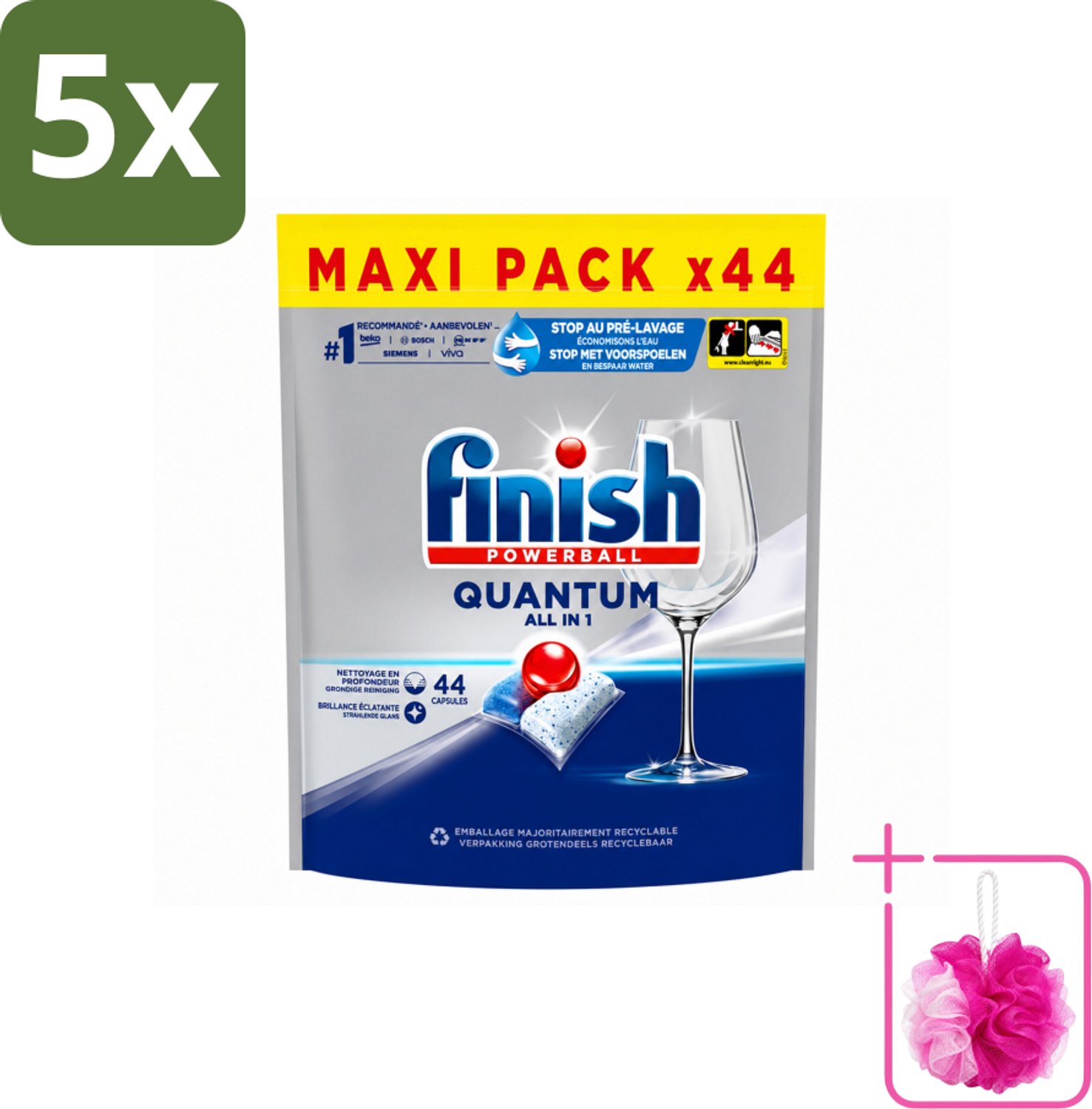 5 x Finish - Vaatwasmiddel - Quantum All in One Regular - Alles-in-1 Kracht - 44 capsules - Bulkverpakking - Vaatwasser - Douchemop - Reiniging