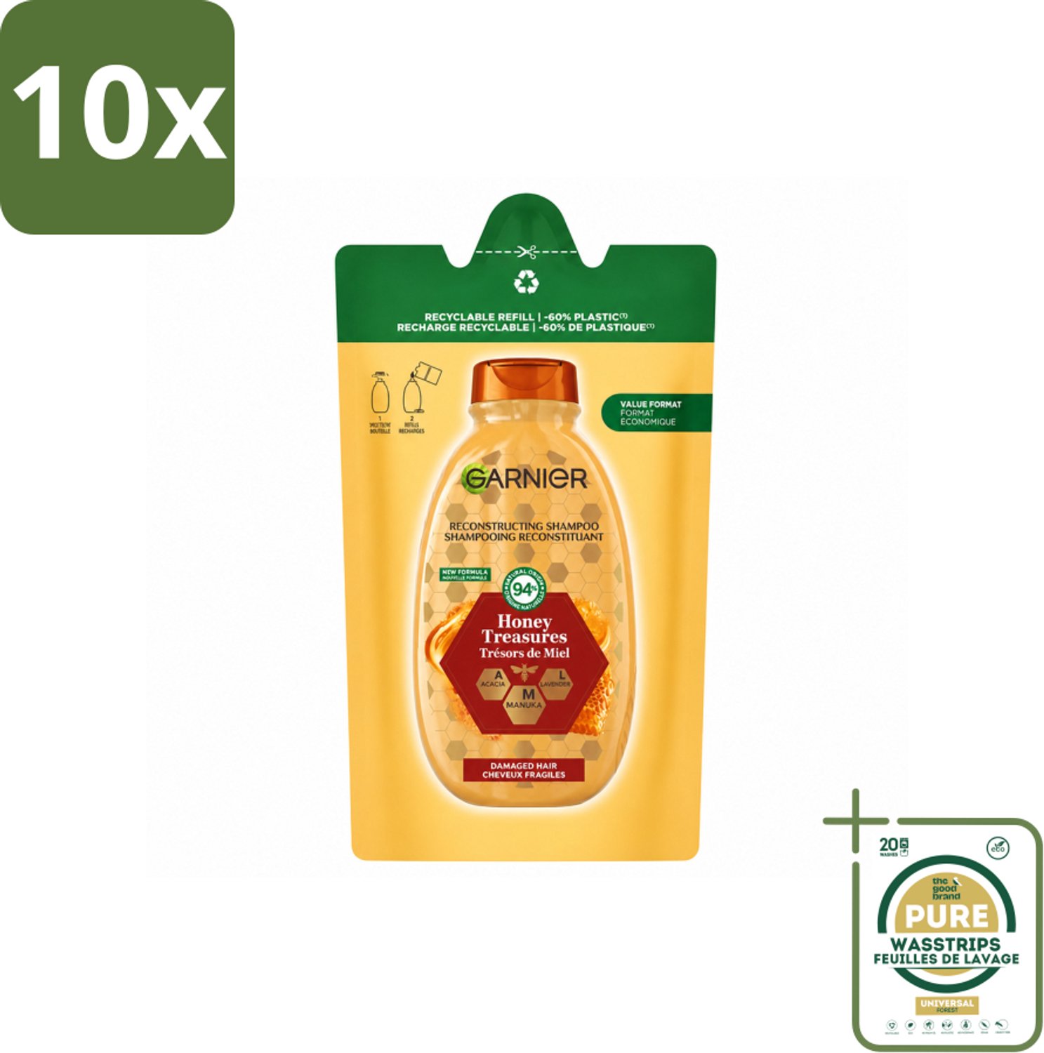 10 x Garnier - Loving Blends - Shampoo Refill - Honing Goud - Beschadigd & Breekbaar Haar - 250 ml - Wasstrips - Honing Shampoo - Haar Herstellen - Beschadigd Haar - Haarbreuk - Gespleten Punten