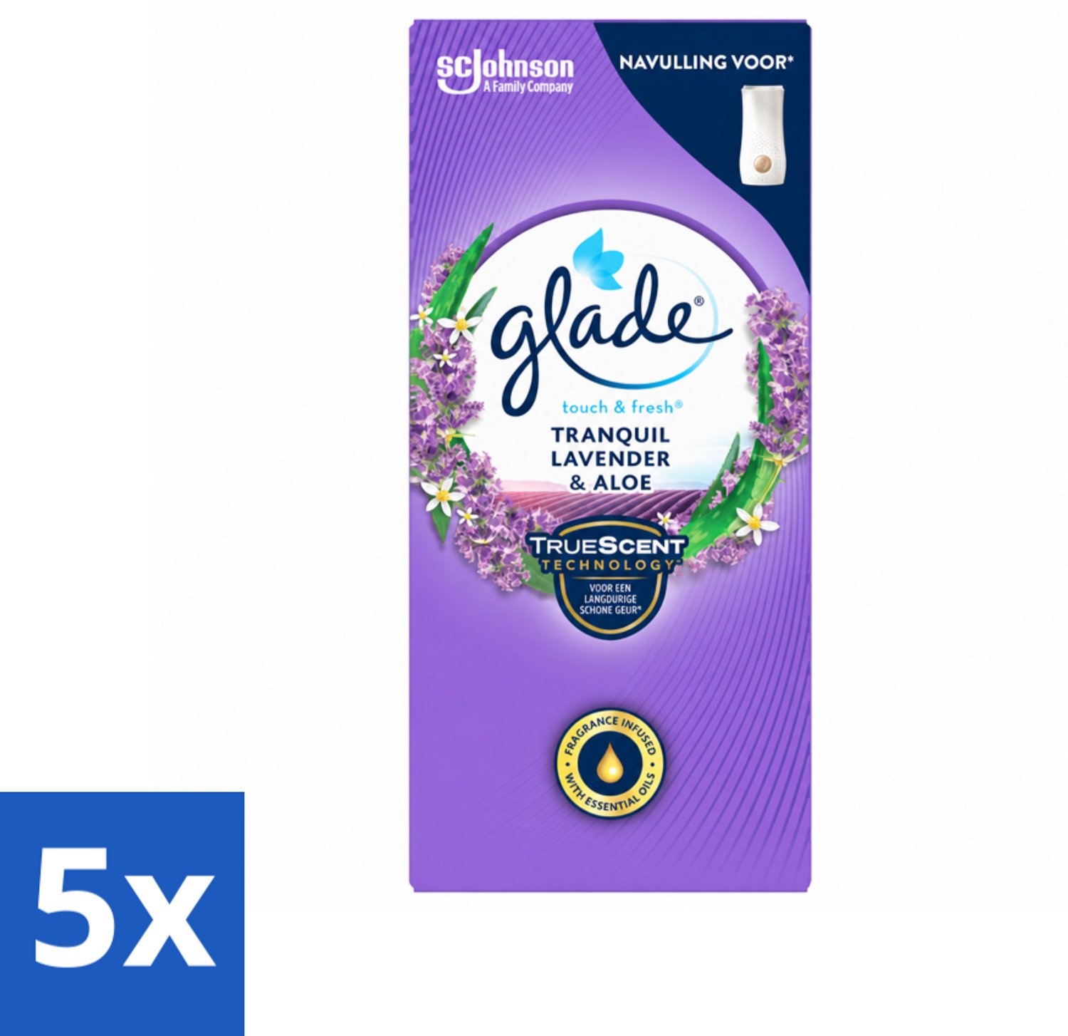 5 x Glade – Touch & Fresh Navulling – Tranquil Lavender & Aloe – 10 ml - Voordeelverpakking - 5 stuks