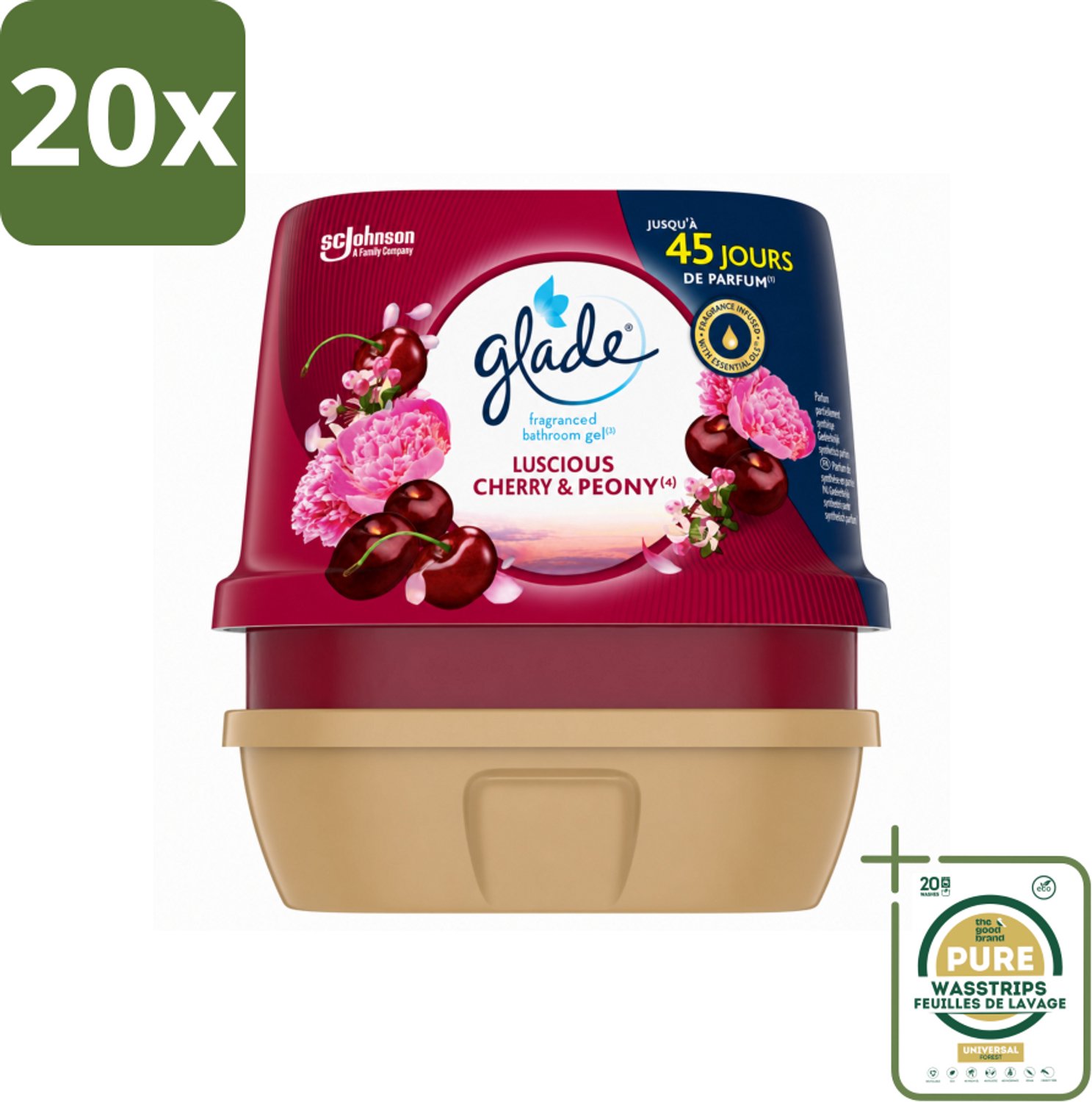20 x Glade - Badkamer Gel - Luscious Kers & Pioenroos - 180 g - Wasstrips - Badkamer Geur - Luchtverfrisser - Bloemige Geur - Frisse Geur - Geur Gel