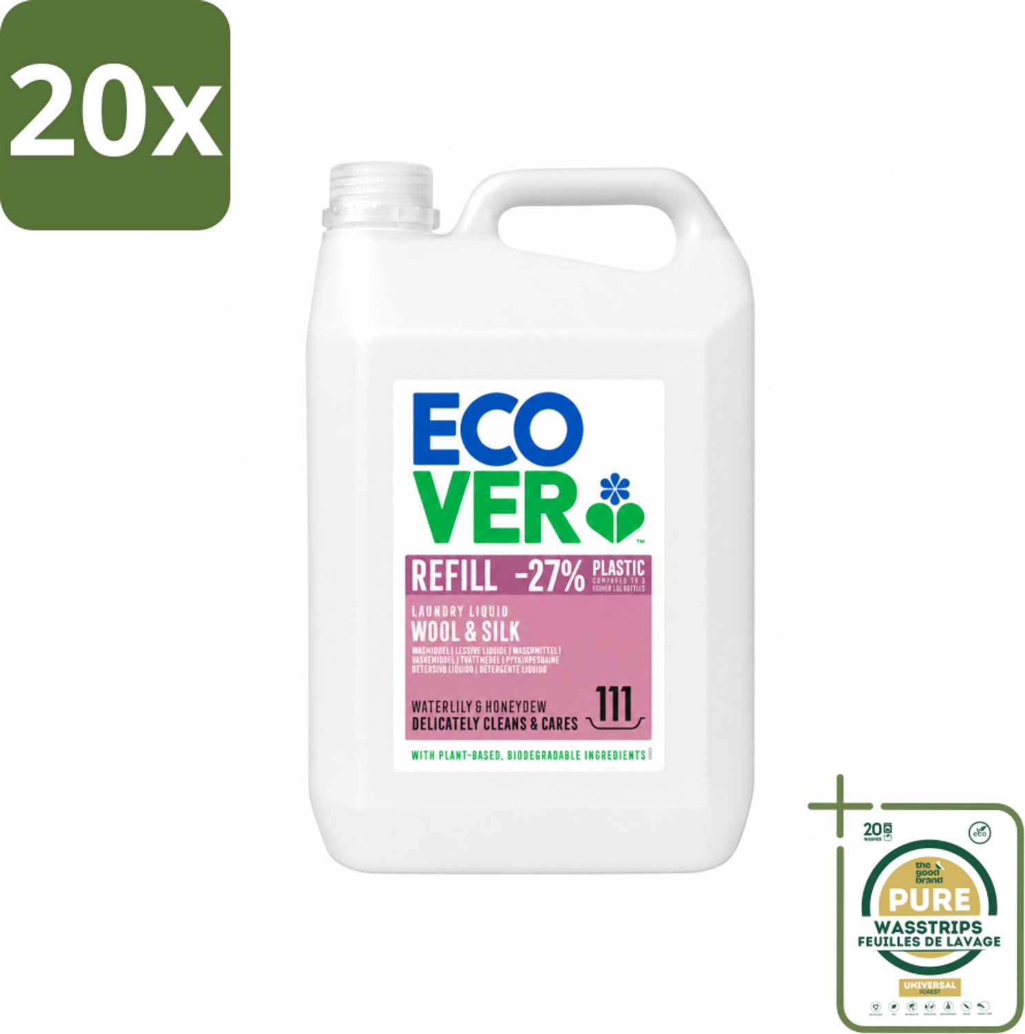 20 x Ecover - Vloeibaar wasmiddel - Wol & Fijnwas - Waterlelie & Honingmeloen - 5 liter - 111 wasbeurten - Wasstrips - Wasmiddel Wol - Fijnwas - Zachte Wasmiddel - Delicate Stoffen - Waterlelie Geur