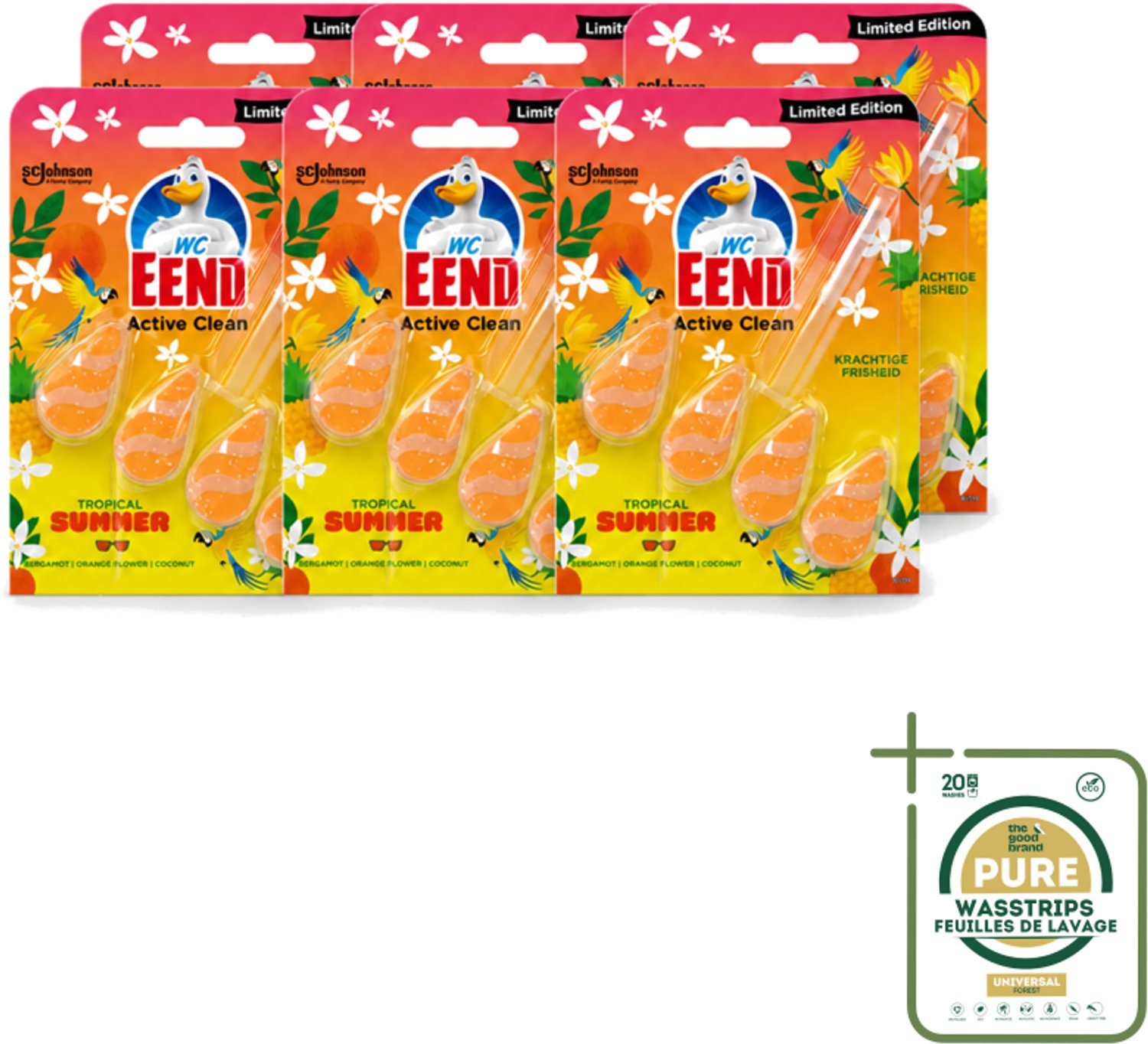 6 x WC Eend - Active Clean Tropical Summer - Toiletblok - Zomerse Frisheid - 38 gr - Wasstrips - Toiletblok - Zomerse Geur - Actief Schuim - Reiniging Toilet - Tropisch Toilet