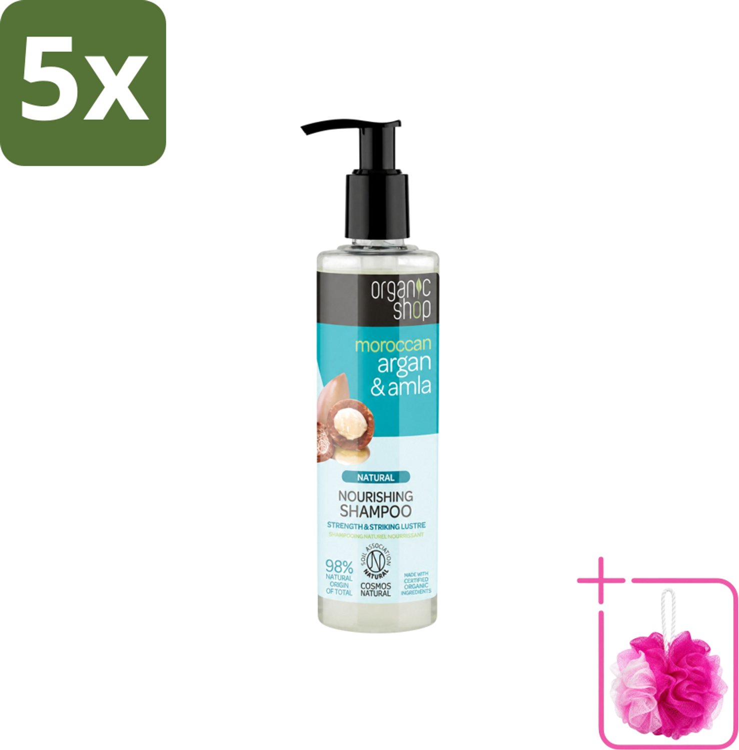 5 x Organic Shop - Natural Nourishing Shampoo - Argan Hair & Amla - Herstellend en Voedend - 280 ml - Bulkverpakking - Argan haar shampoo - Douchemop - Amla haar shampoo
