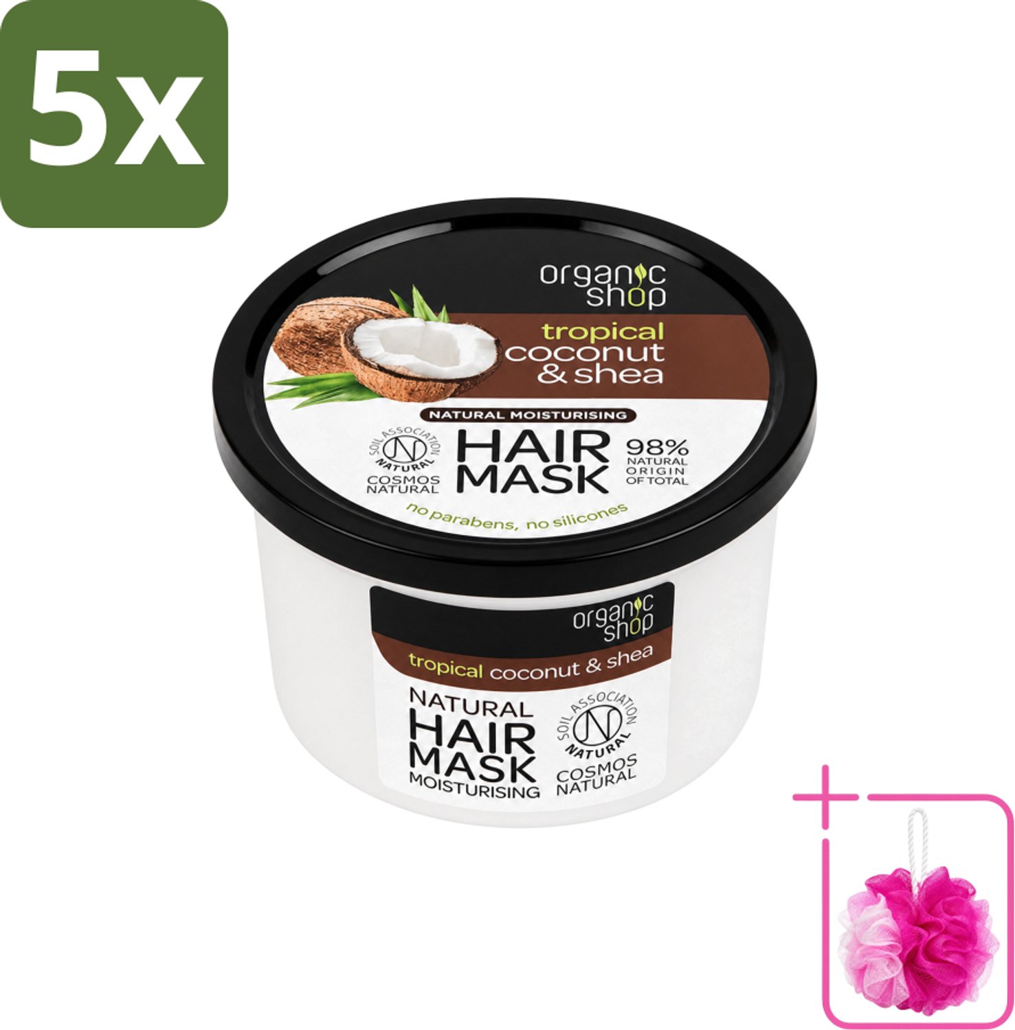 5 x Organic Shop - Haarmasker Coconut & Shea - Verzorgend en Voedend - 250 ml - Bulkverpakking - Haarmasker - Douchemop - Kokosnoot