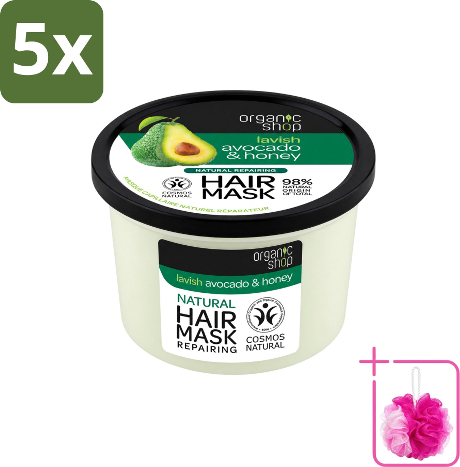 5 x Organic Shop - Haarmasker Avocado & Honey - Hydraterend en Verzachtend - 250 ml - Bulkverpakking - Haarmasker avocado en honing - Douchemop - Natuurlijk haarmasker