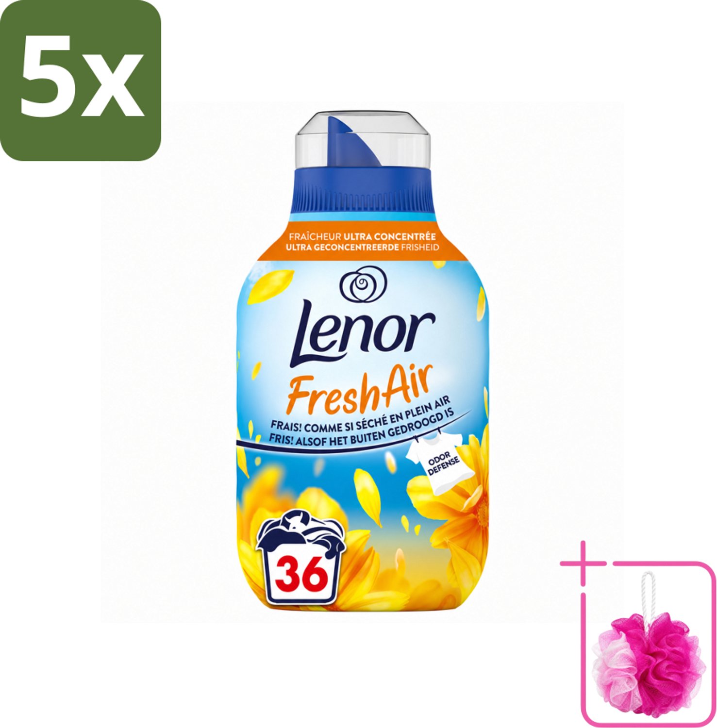 5 x Lenor - Wasverzachter - Fresh Air Zonnestralen - Ultra Geconcentreerd - 36 Wasbeurten - Bulkverpakking - Wasverzachter - Douchemop - Buitenfrisheid