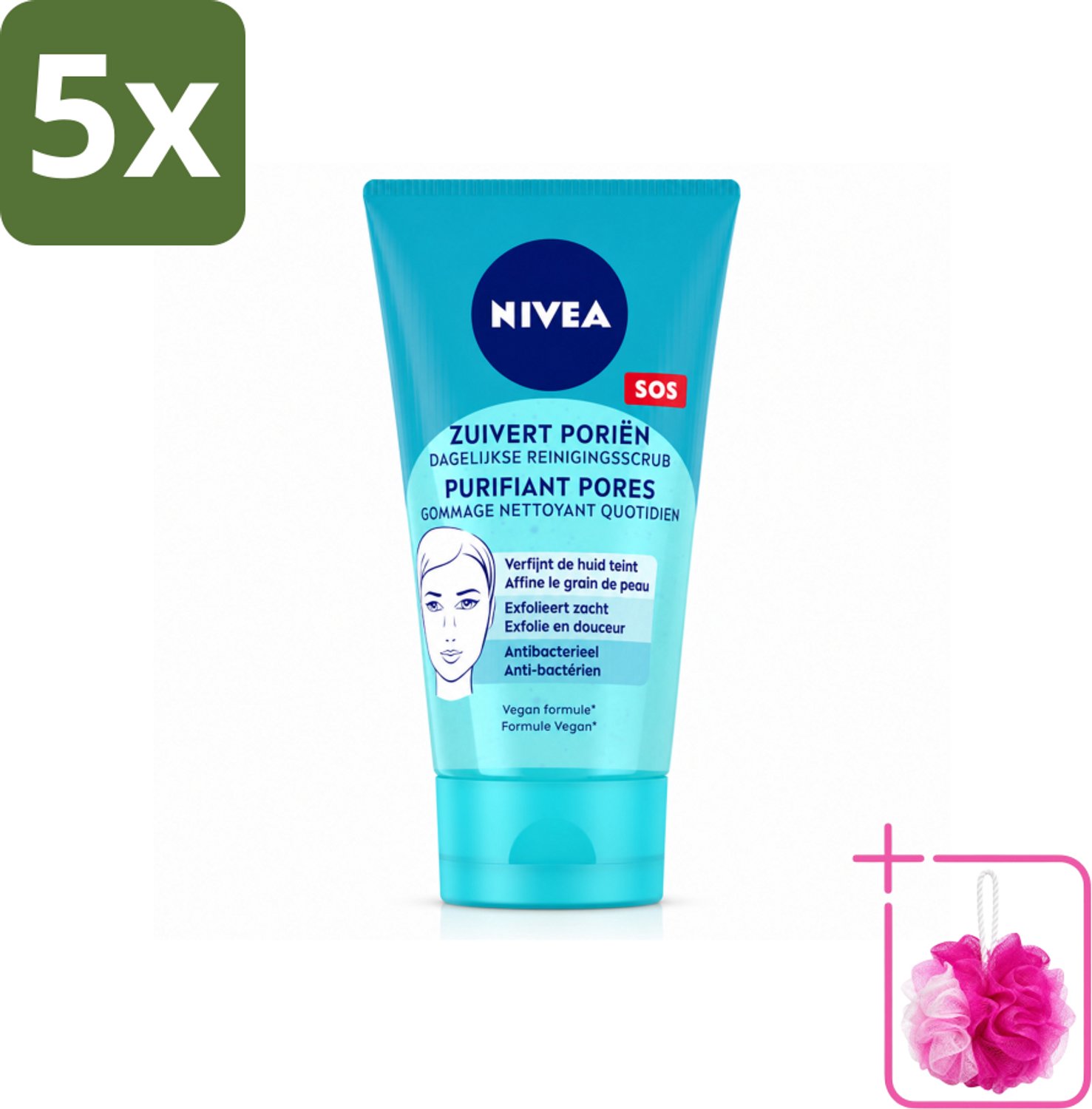 5 x NIVEA - Reinigingsscrub - Essentials Dagelijkse Scrub - Voor onzuivere huid - Met Melkzuur & Magnolia-extract - 150 ml - Bulkverpakking - Gezichtsreiniging - Douchemop - Huidscrub