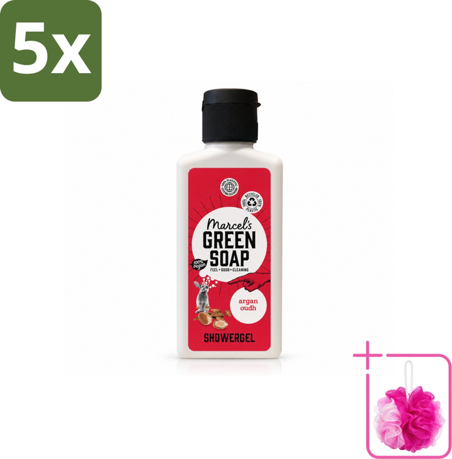5 x Marcel's Green Soap - Douchegel - Argan & Oudh Mini - Krachtige werking - 100 ml - Bulkverpakking - Douchegel - Douchemop - Argan en oudh