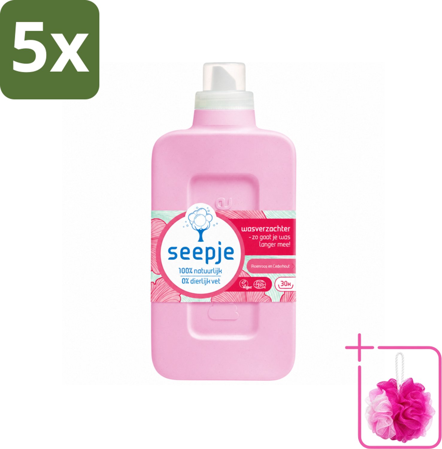 5 x Seepje - Wasverzachter - Geurige Verzorging - Pioenroos en Cederhout - 30 Wasbeurten - 750 ml - Bulkverpakking - Wasverzachter - Douchemop - Natuurlijke wasverzachter