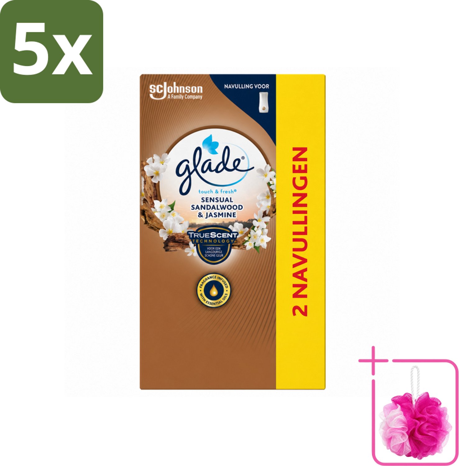 5 x Glade - Touch & Fresh Navulling - Sensual Sandelhout Jasmijn - 2 × 10 ml - Bulkverpakking - Geur navulling - Douchemop - Glade Sensual Sandalwood Jasmine