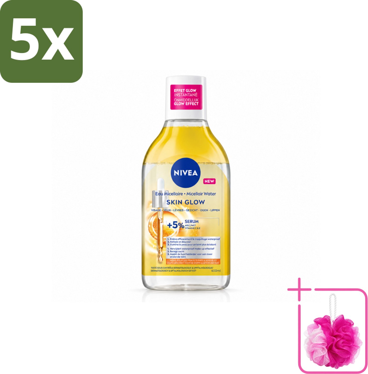 5 x NIVEA - Micellair Water - Serum Verrijkt Stralend - Verwijdert Waterbestendige Make-up - 400 ml - Bulkverpakking - Micellair water - Douchemop - Reinigen
