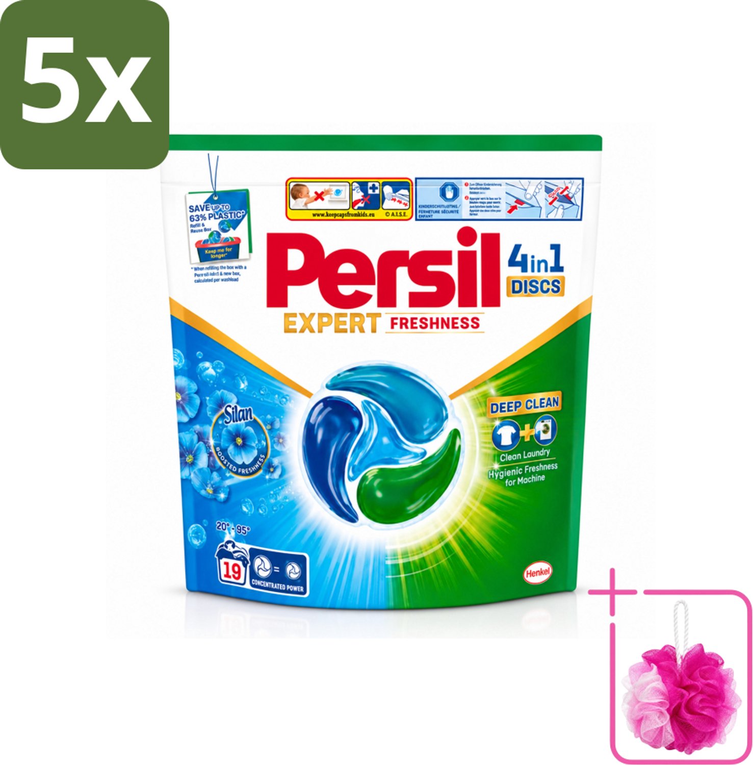 5 x Persil - Wasmiddel - Wasmiddelcapsules Freshness by Silan - Langdurige Frisheid - 19 wasbeurten - Bulkverpakking - Wasmiddelcapsules - Douchemop - Frisheid