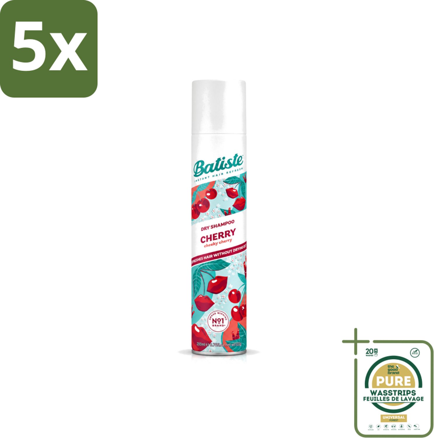 5 x Batiste - Cherry - Droogshampoo - Kersenbloesem Geur - Verfrist en Geeft Volume - 200ml - Wasstrips - Droogshampoo - Kersenbloesem - Haarverfrissen - Haarvolume - Vet Haar