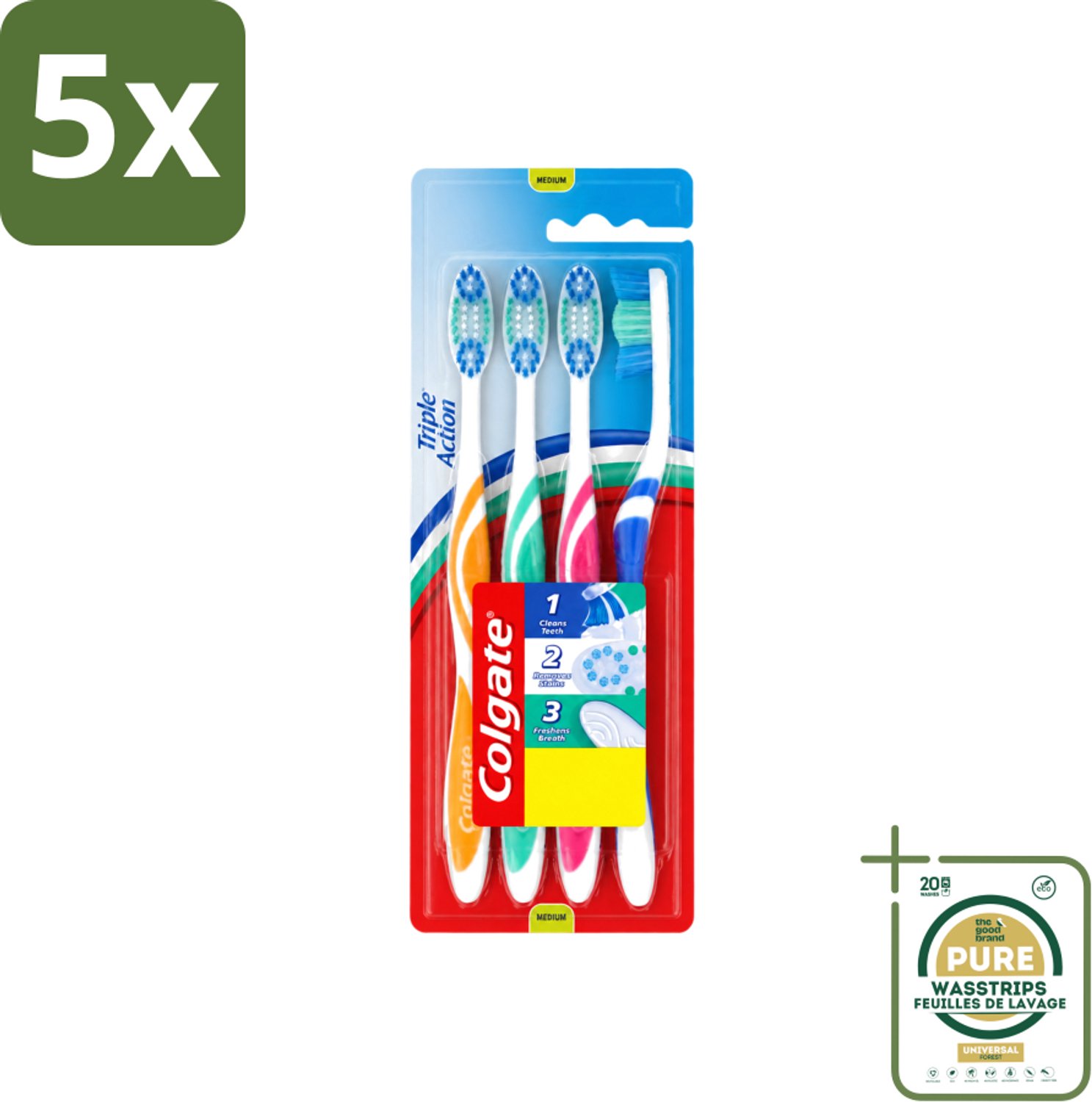 5 x Colgate - Tandenborstels - Triple Action - Medium - 4 borstels - Wasstrips - Tandenborstel - Mondhygiëne - Tanden Reinigen - Vlekverwijderen - Frisse Adem