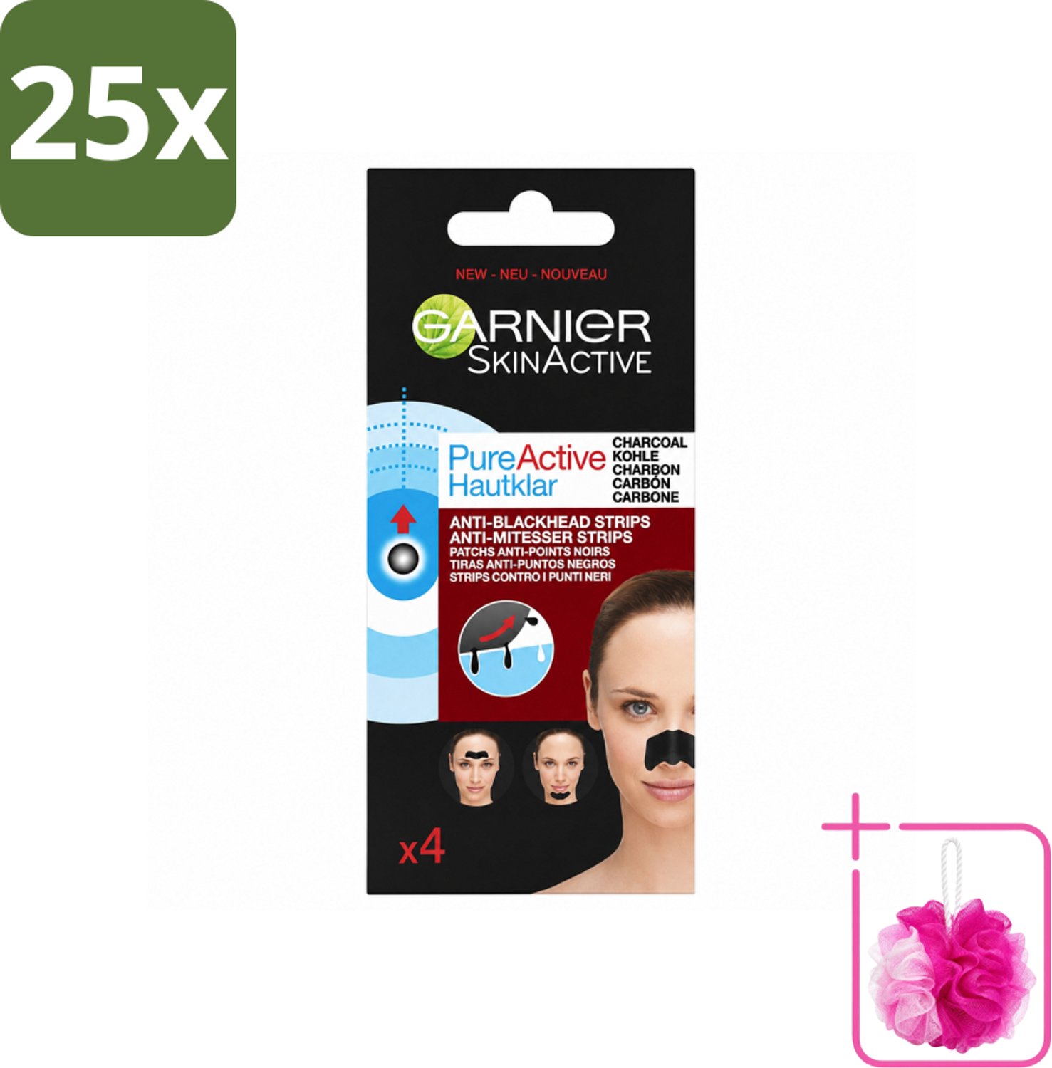25 x Garnier - Pure Active - Anti-Mee-Eters Strips - Charcoal - Neus, Voorhoofd & Kin - 4 Strips - Bulkverpakking - Anti-mee-eters strips - Douchemop - Houtskool strips