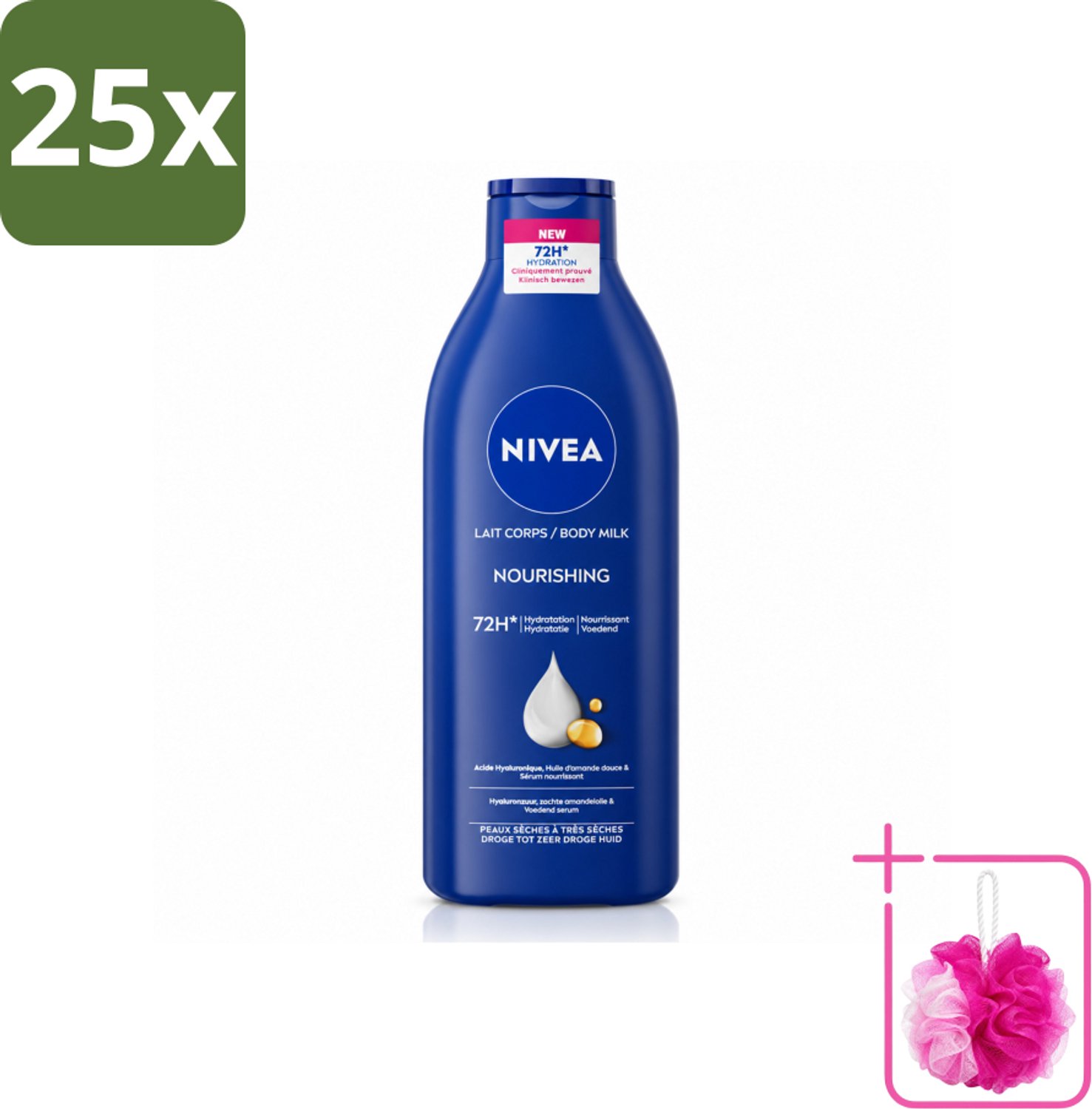 25 x Nivea - Body Milk - 72u Hydratatie - Droge tot Zeer Droge Huid - 400 ml - Bulkverpakking - Hydratatie - Douchemop - Droge huid