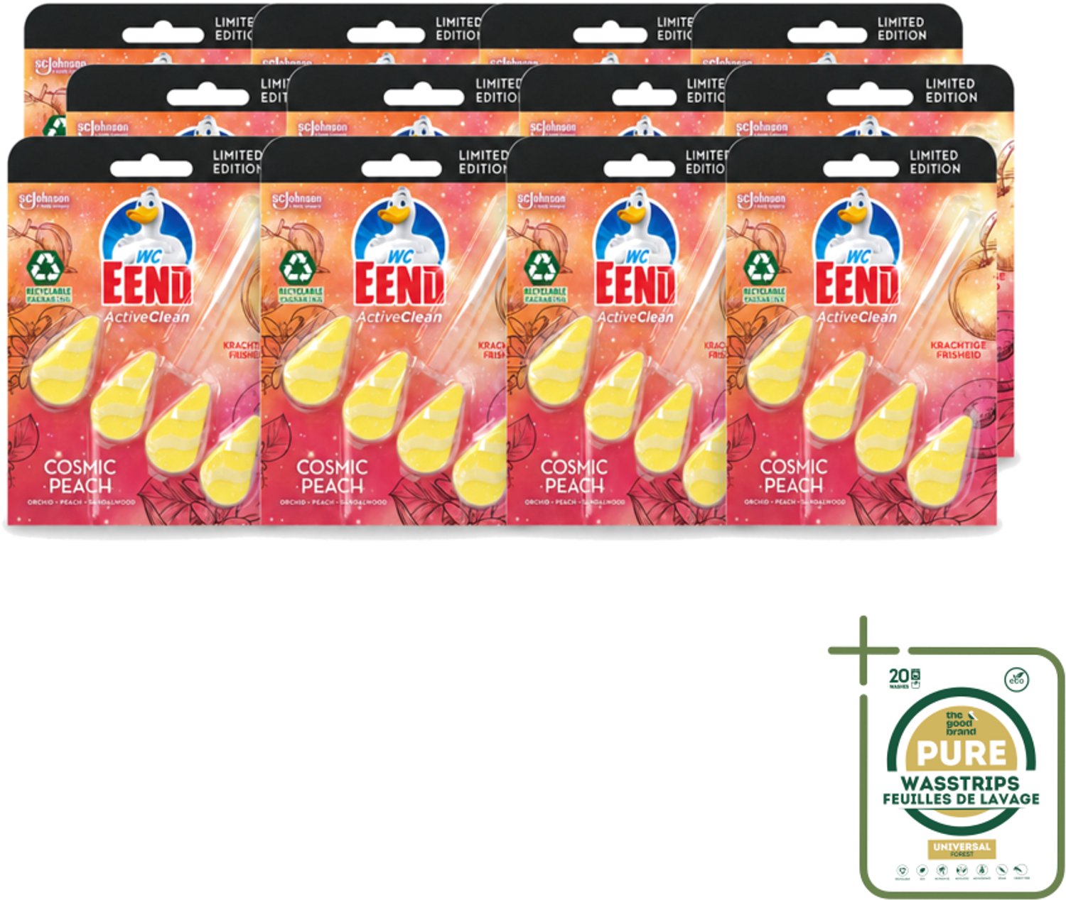 12 x WC Eend - Active Clean Cosmic Peach - Toiletblok - Fruitige Perzikgeur - 38 gr - Wasstrips - Toiletblok - Reinigingsblok - Perzikgeur - Toilet Reinigen - Actieve Reiniging