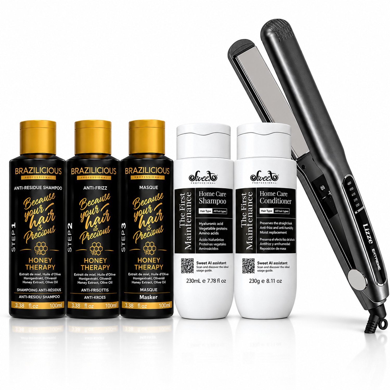 Brazilicious Honey Therapy Professional Smoothing Set 3x100 ml + Sweet Professional The First Maintenance Home Care Duo + Lizze Extreme Stijltang – Complete Salon Treatment & Aftercare Set voor Glad, Glanzend, Zacht en Pluisvrij Haar
