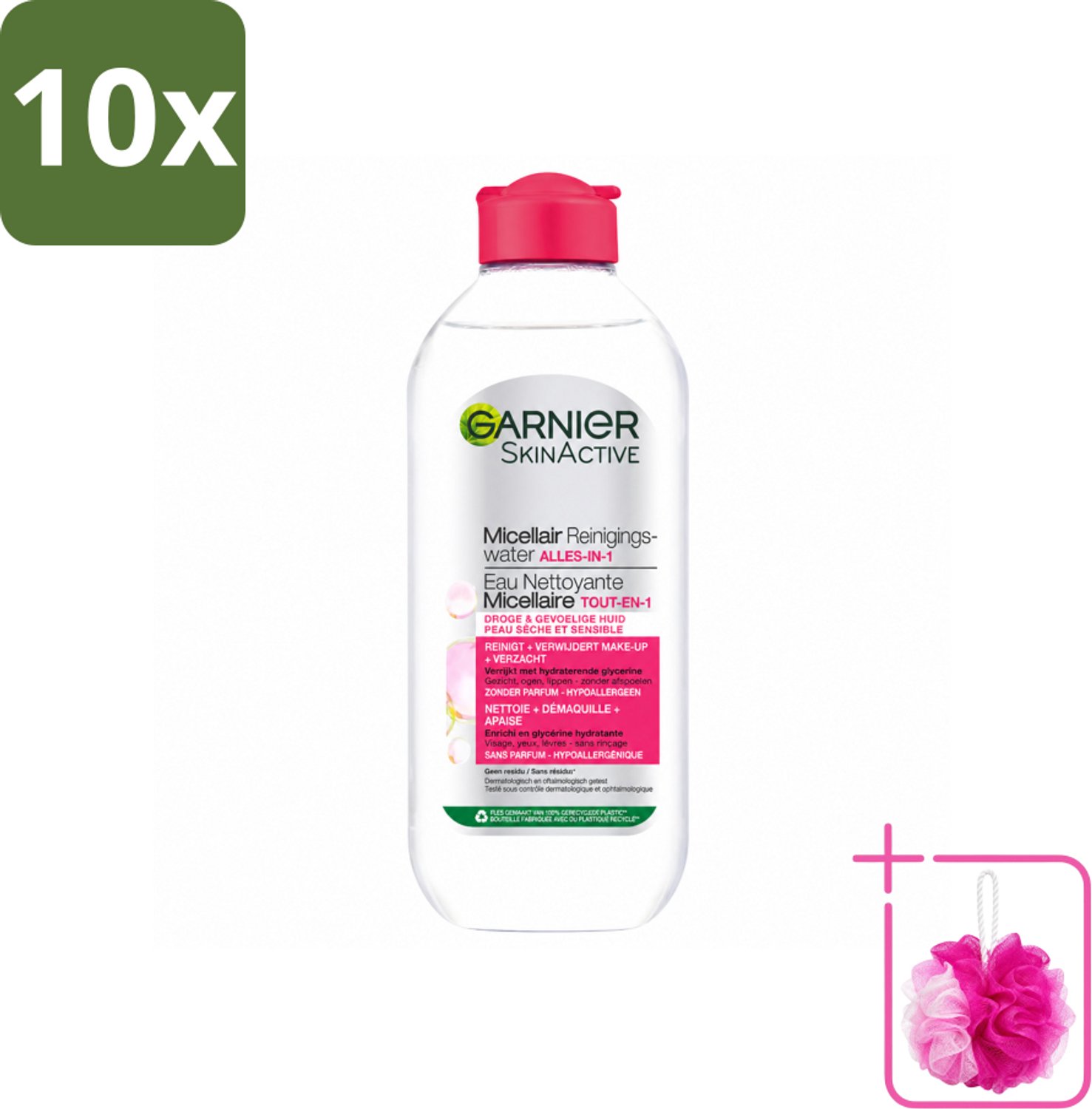 10 x Garnier - SkinActive - Micellair Reinigingswater - Droge & Gevoelige Huid - Hydraterend & Reinigend - 400 ml - Bulkverpakking - Micellair reinigingswater - Douchemop - Droge huid