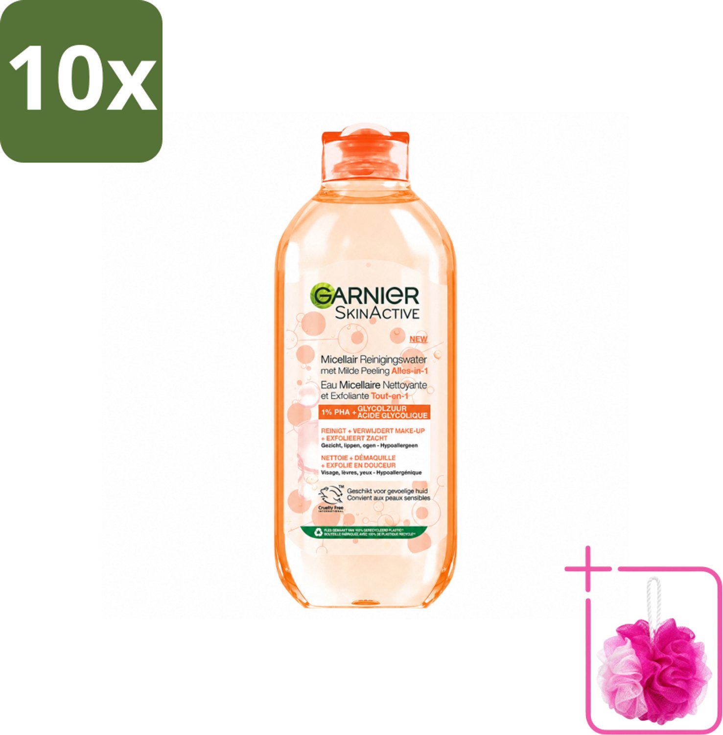10 x Garnier - SkinActive - Micellair Reinigingswater - Milde Peeling - Alles-in-1 - 400 ml - Bulkverpakking - Micellair reinigingswater - Douchemop - Huid reinigen