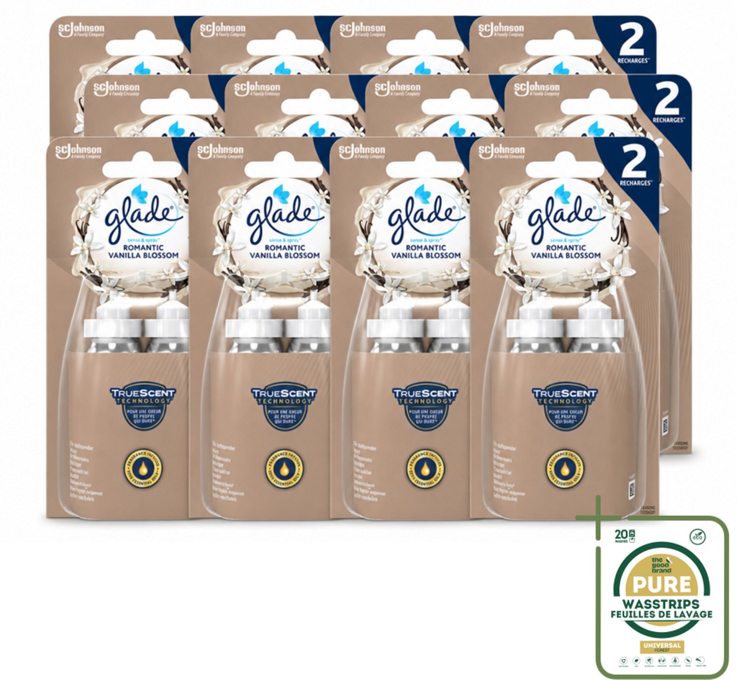 12 x Glade - Sense & Spray - Romantic Vanillebloesem - 2 × 18 ml - Wasstrips - Romantische Geur - Luchtverfrisser - Geurverspreider - Automatische Geur - Essentiële Oliën