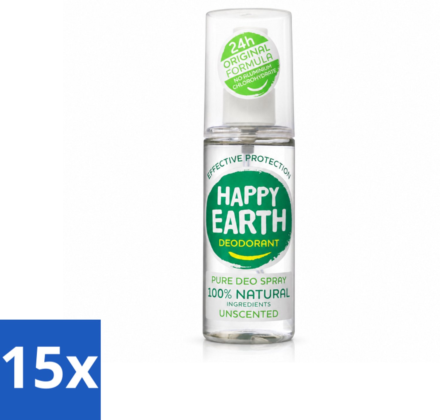 15 x Happy Earth – Deodorant Spray – 100% Natuurlijk Unscented – 100 ml - Voordeelverpakking - 15 stuks