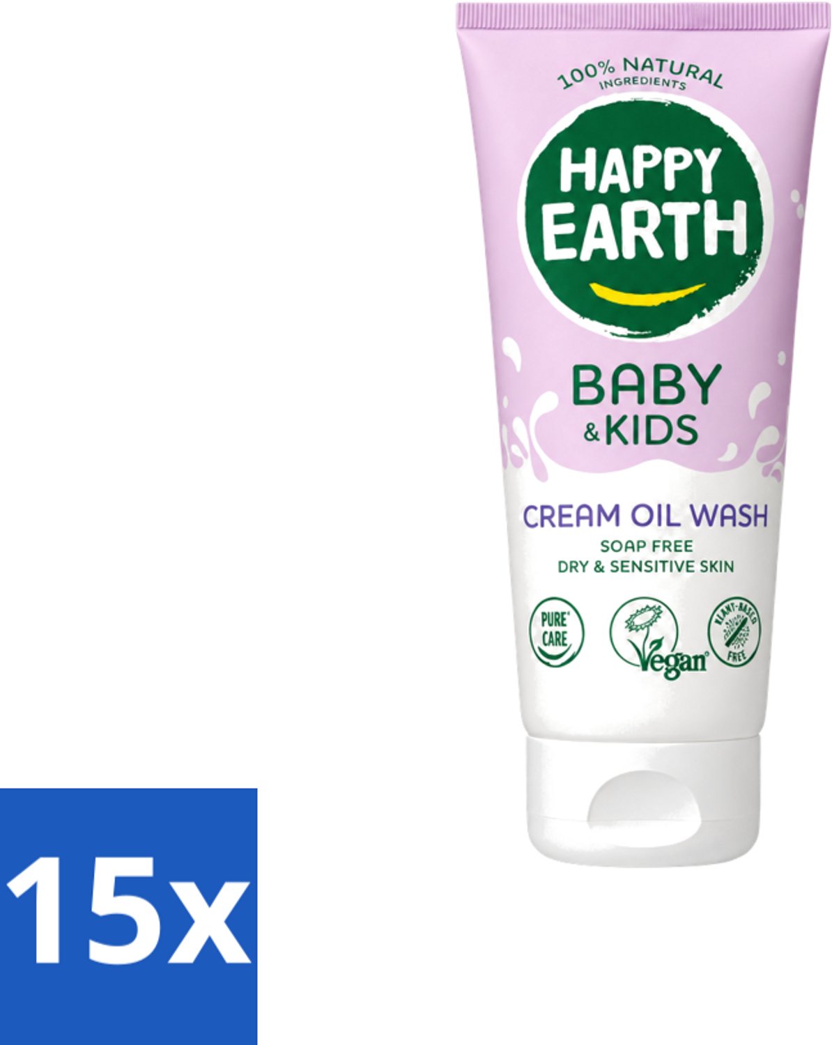 15 x Happy Earth – Cream Oil Wash – 100% Natuurlijk Baby & Kids – 200 ml - Voordeelverpakking - 15 stuks