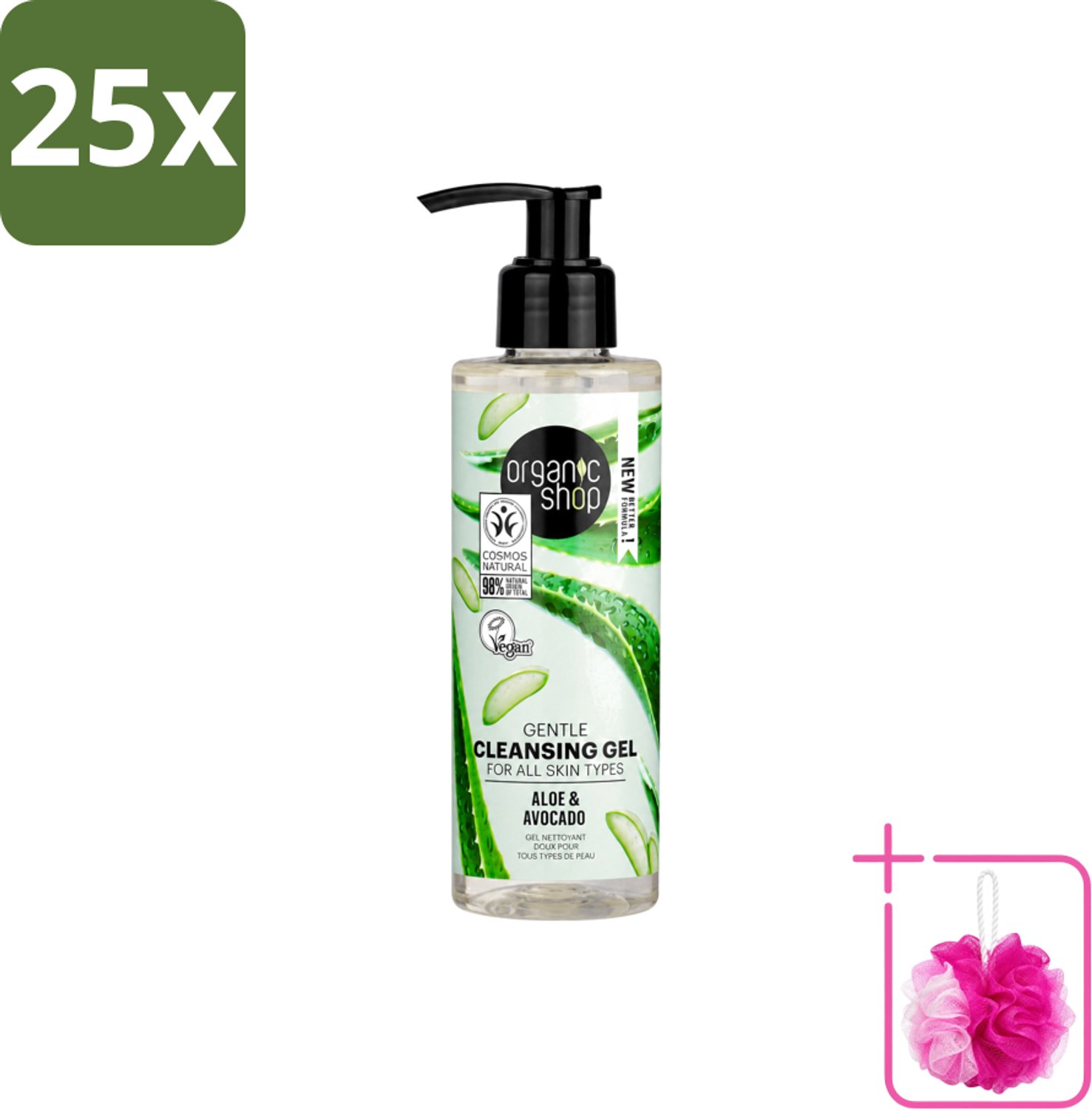 25 x Organic Shop - Cleansing Gel Avocado & Aloe - Verfrissend en Hydraterend - 200 ml - Bulkverpakking - Gezichtsreiniger - Douchemop - Natuurlijke reiniging
