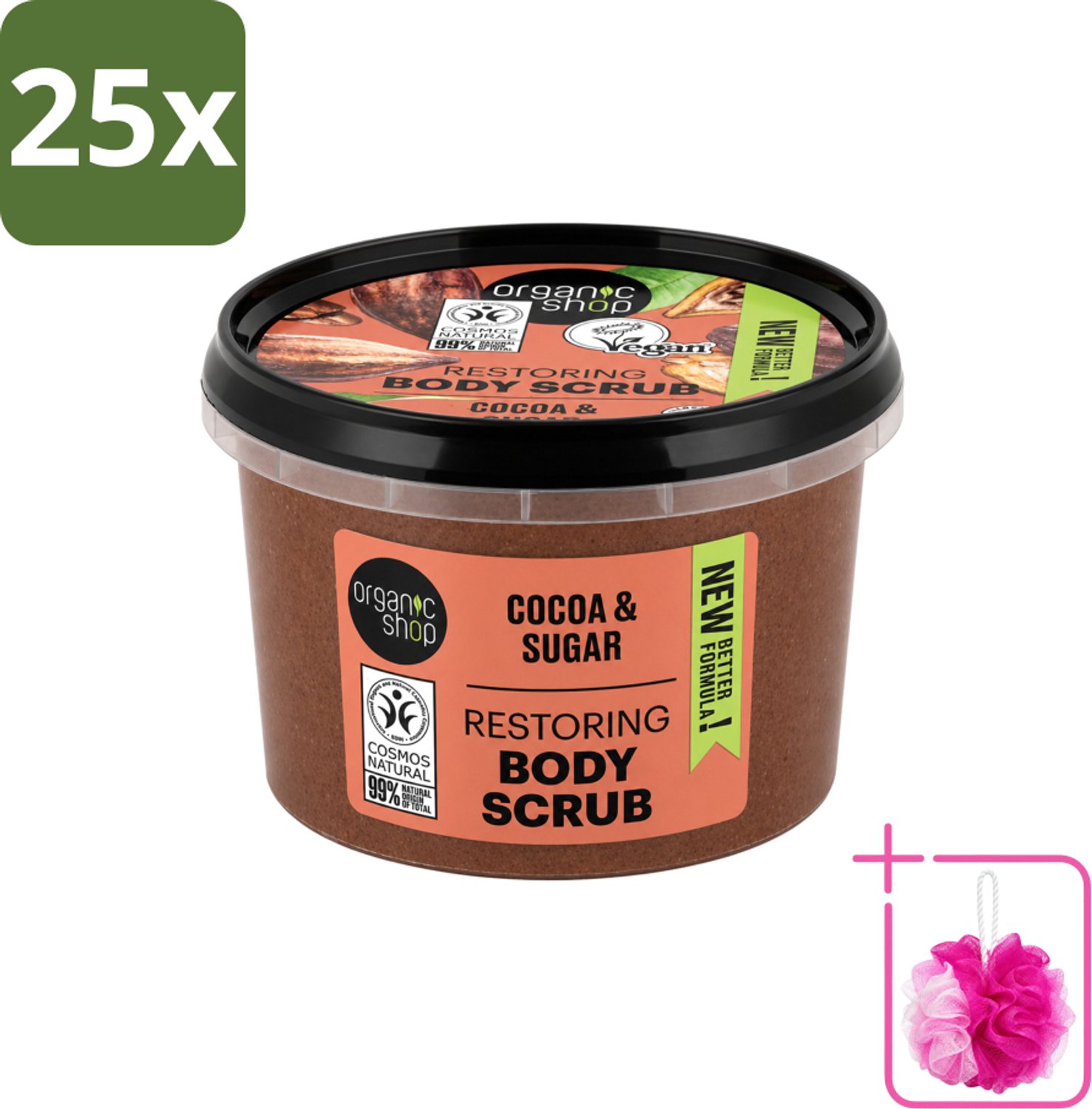 25 x Organic Shop - Body Scrub Cocoa - Rijke Hydratatie - 250 ml - Bulkverpakking - Bodyscrub - Douchemop - Exfoliatie
