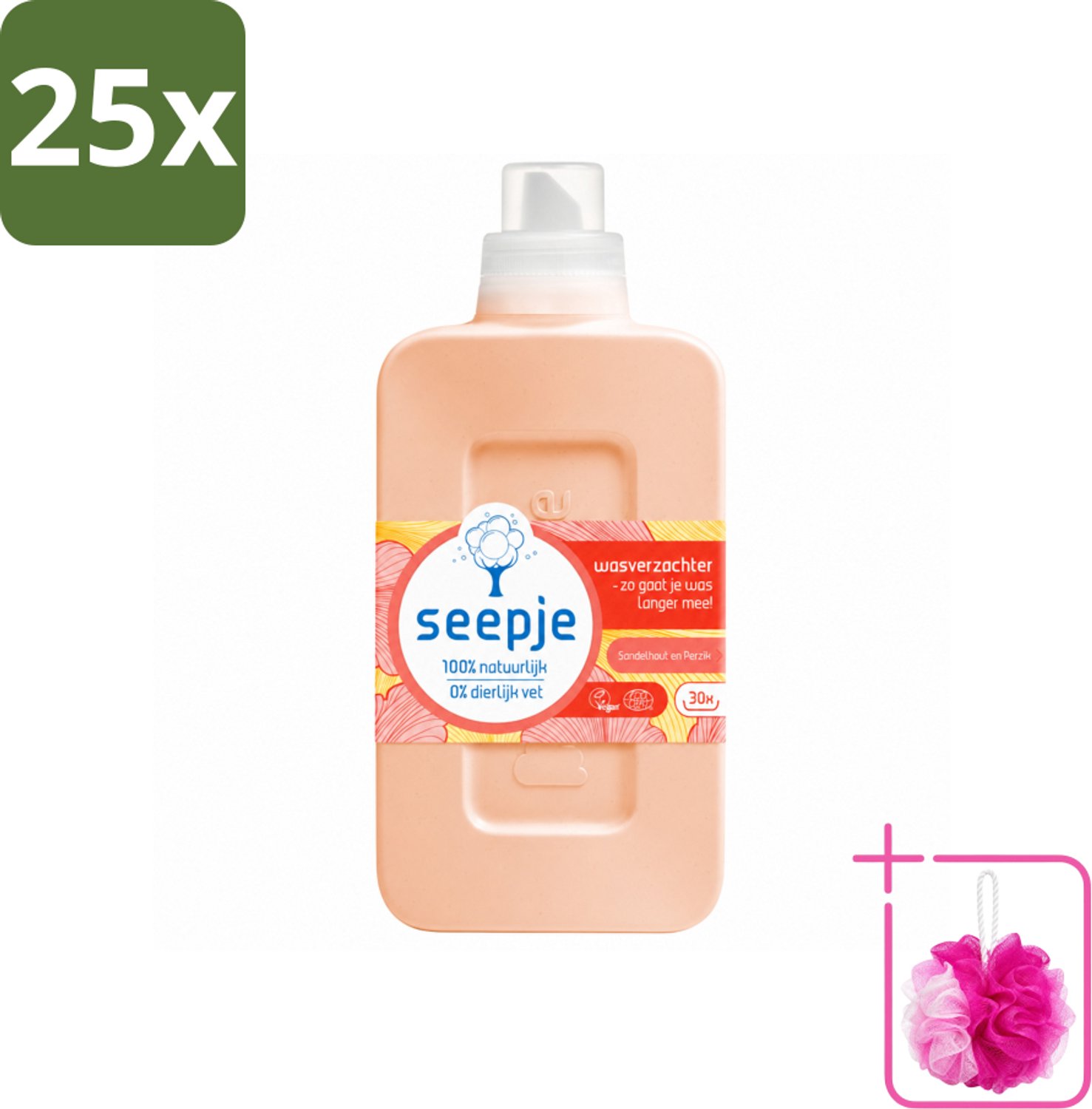 25 x Seepje - Wasverzachter - Verzorgt en Verfrist - Sandelhout en Perzik - 30 Wasbeurten - 750 ml - Bulkverpakking - Wasverzachter - Douchemop - Natuurlijke wasverzachter